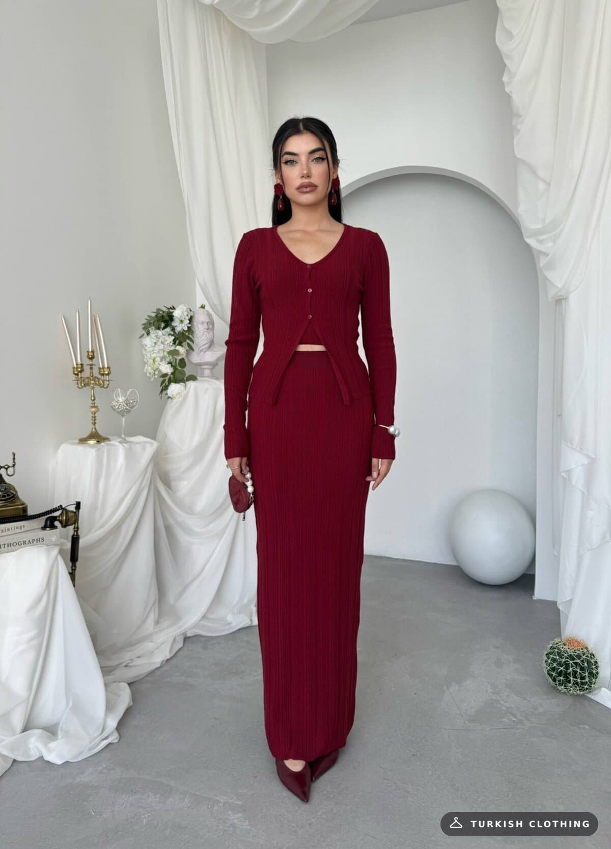 Fersa Triple Team — Burgundy in Knitwear – flat lay, wholesale Women's Dresses from Türkiye