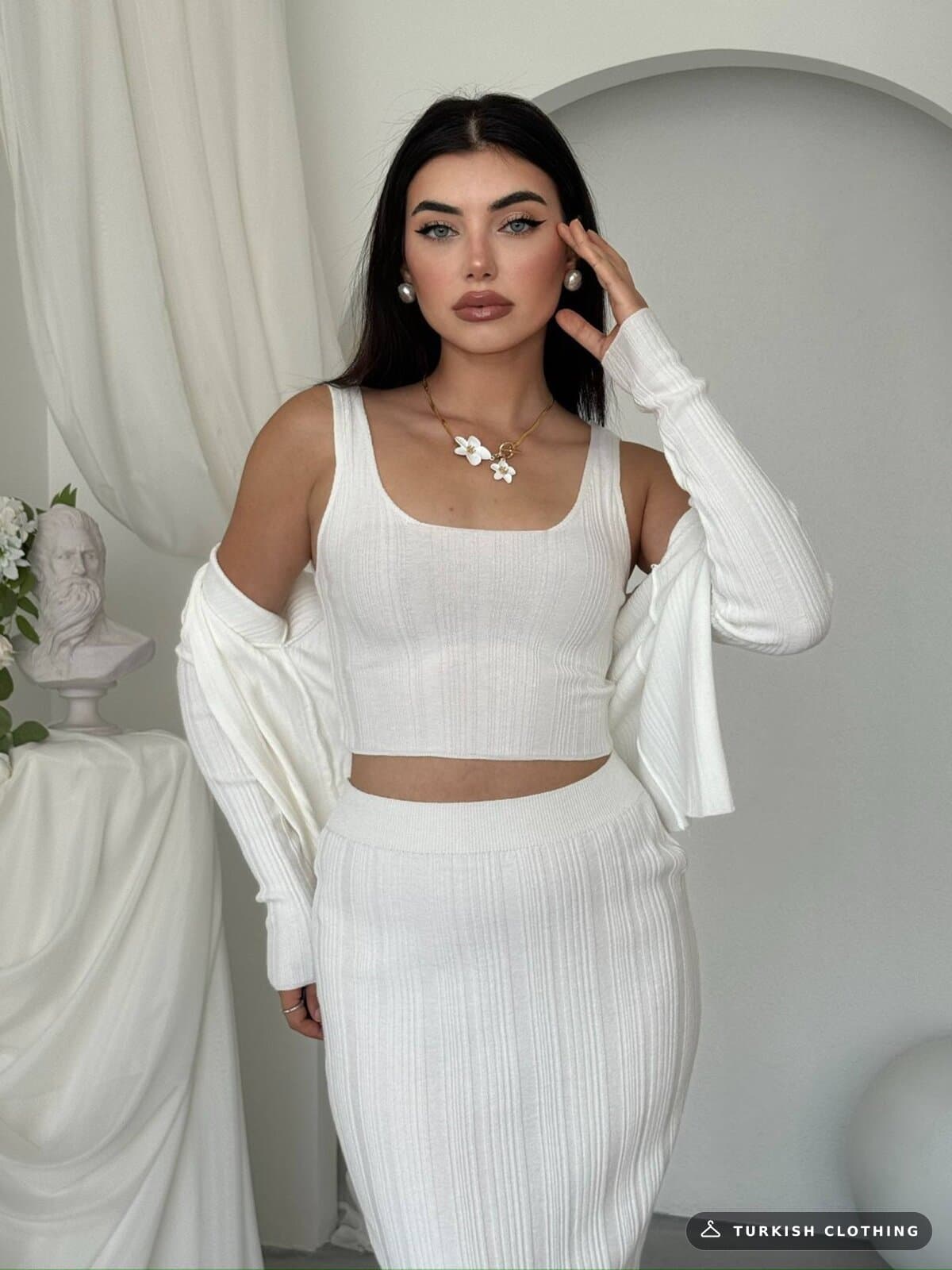 Fersa Triple Team — White in Knitwear – fabric detail, wholesale Women's Dresses from Türkiye