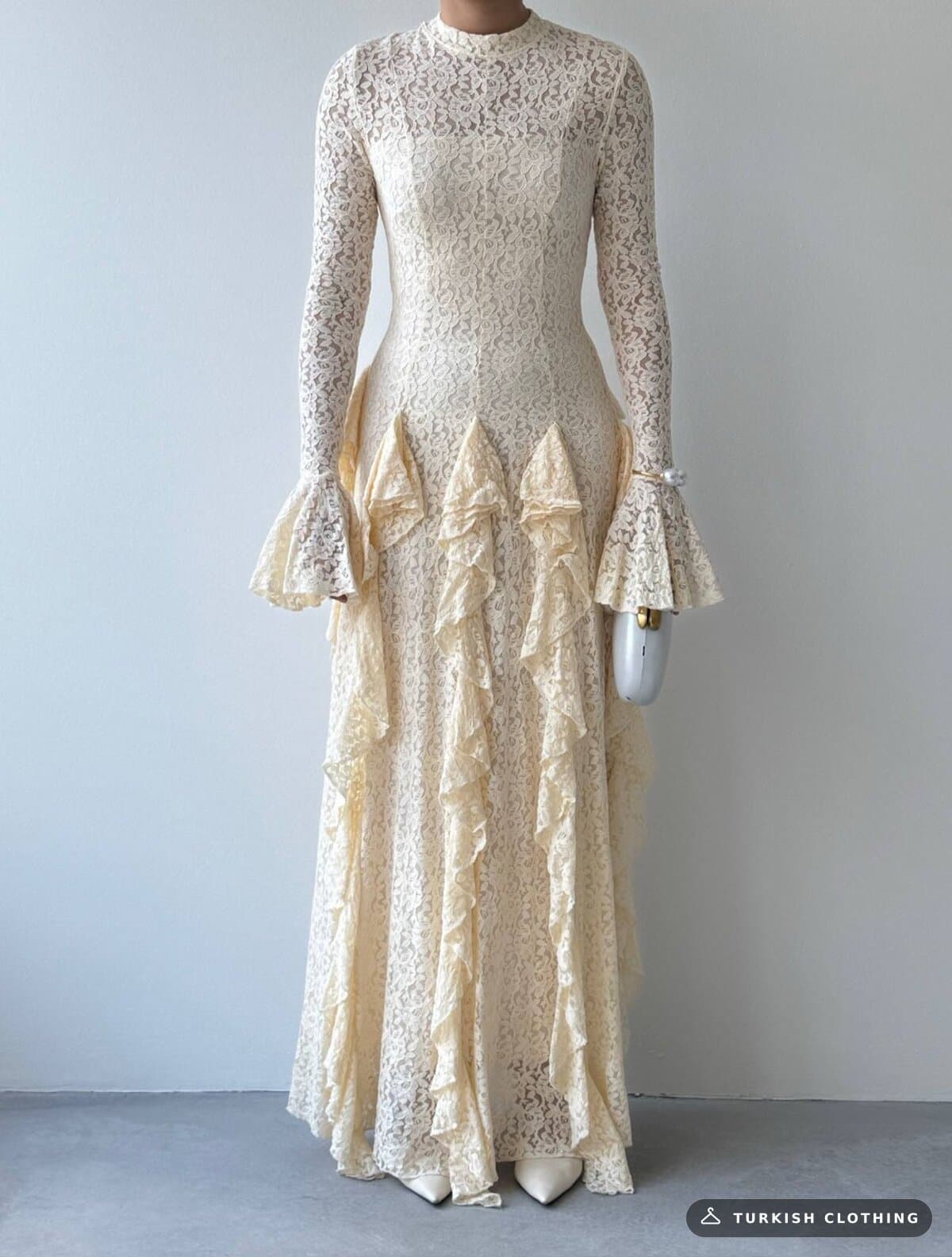 Furuz Midi Dress — Beige in Lace – full-length view, wholesale Women's Dresses from Türkiye