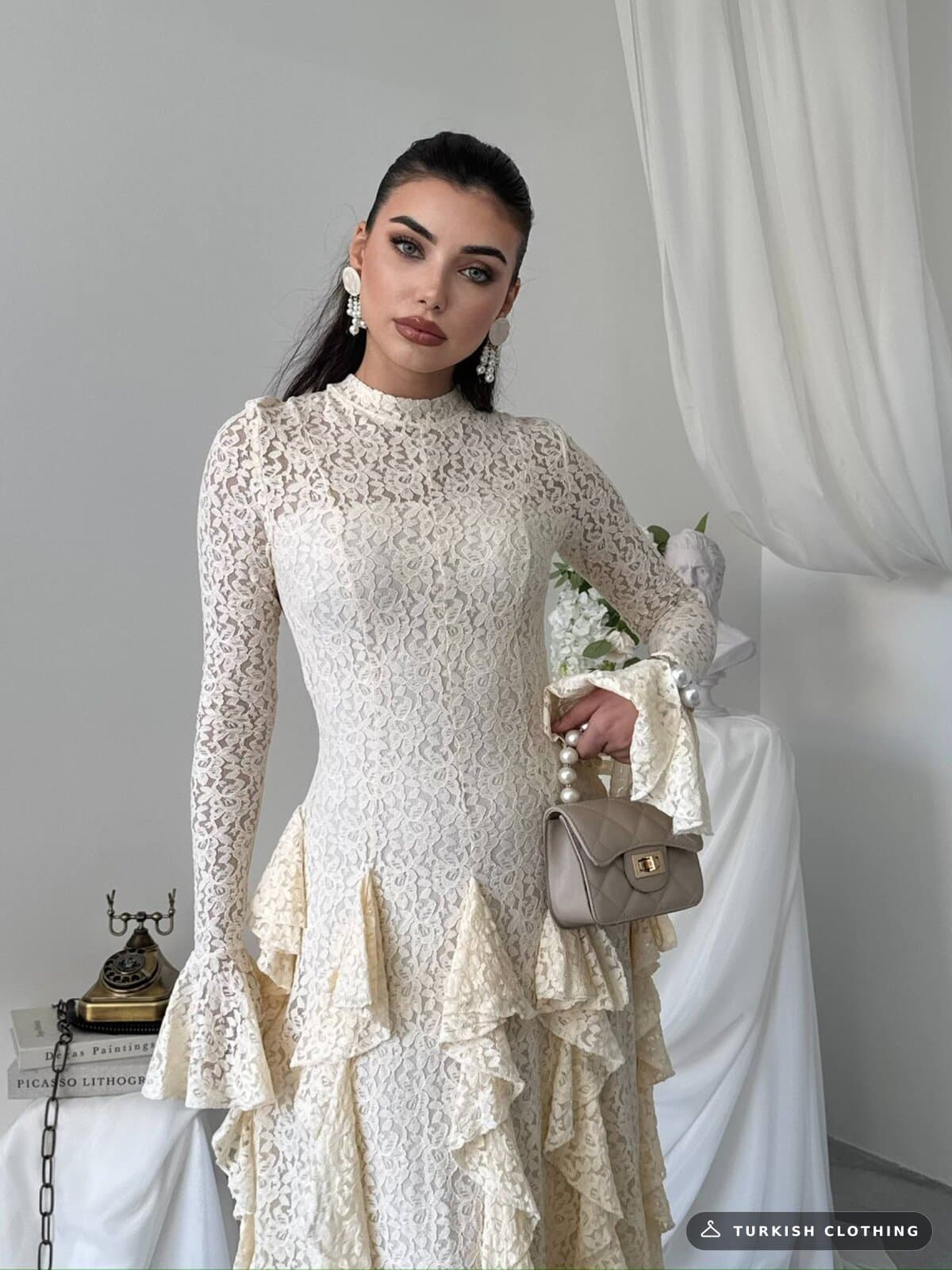 Furuz Midi Dress — Beige in Lace – back view, wholesale Women's Dresses from Türkiye