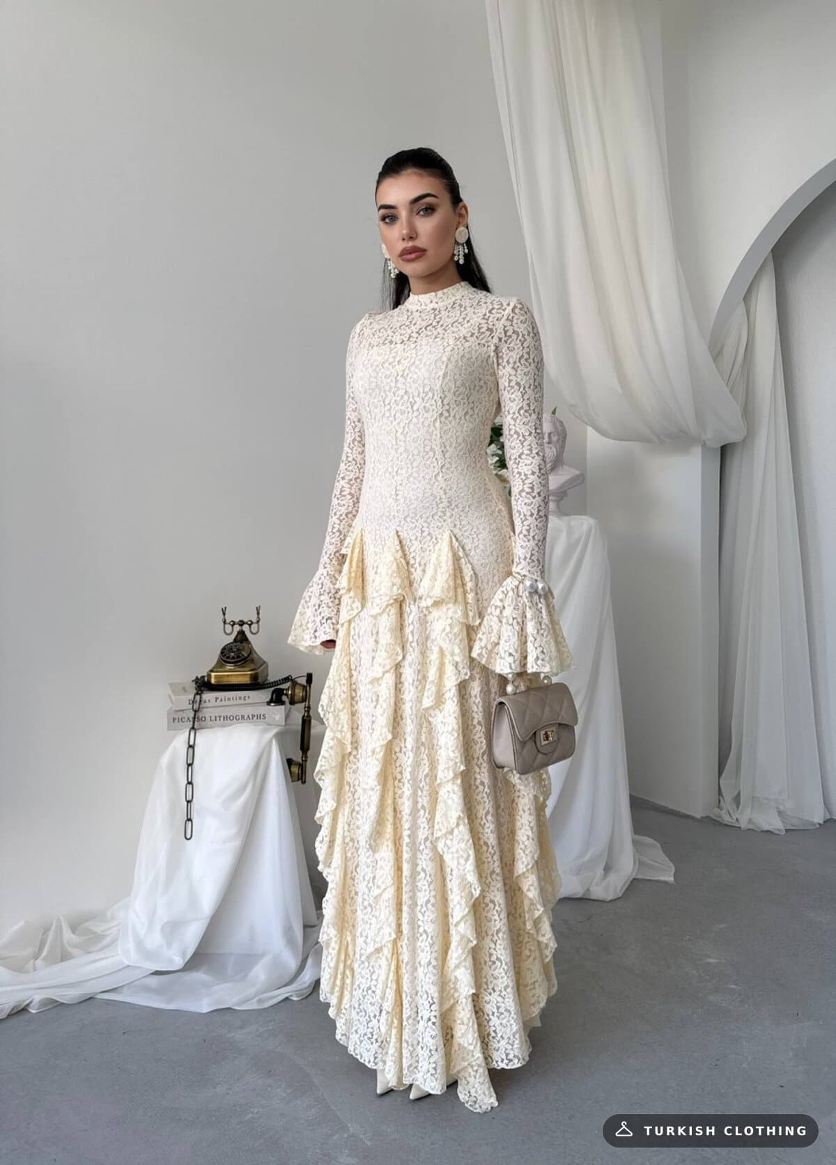 Furuz Midi Dress — Beige in Lace – close-up detail, wholesale Women's Dresses from Türkiye