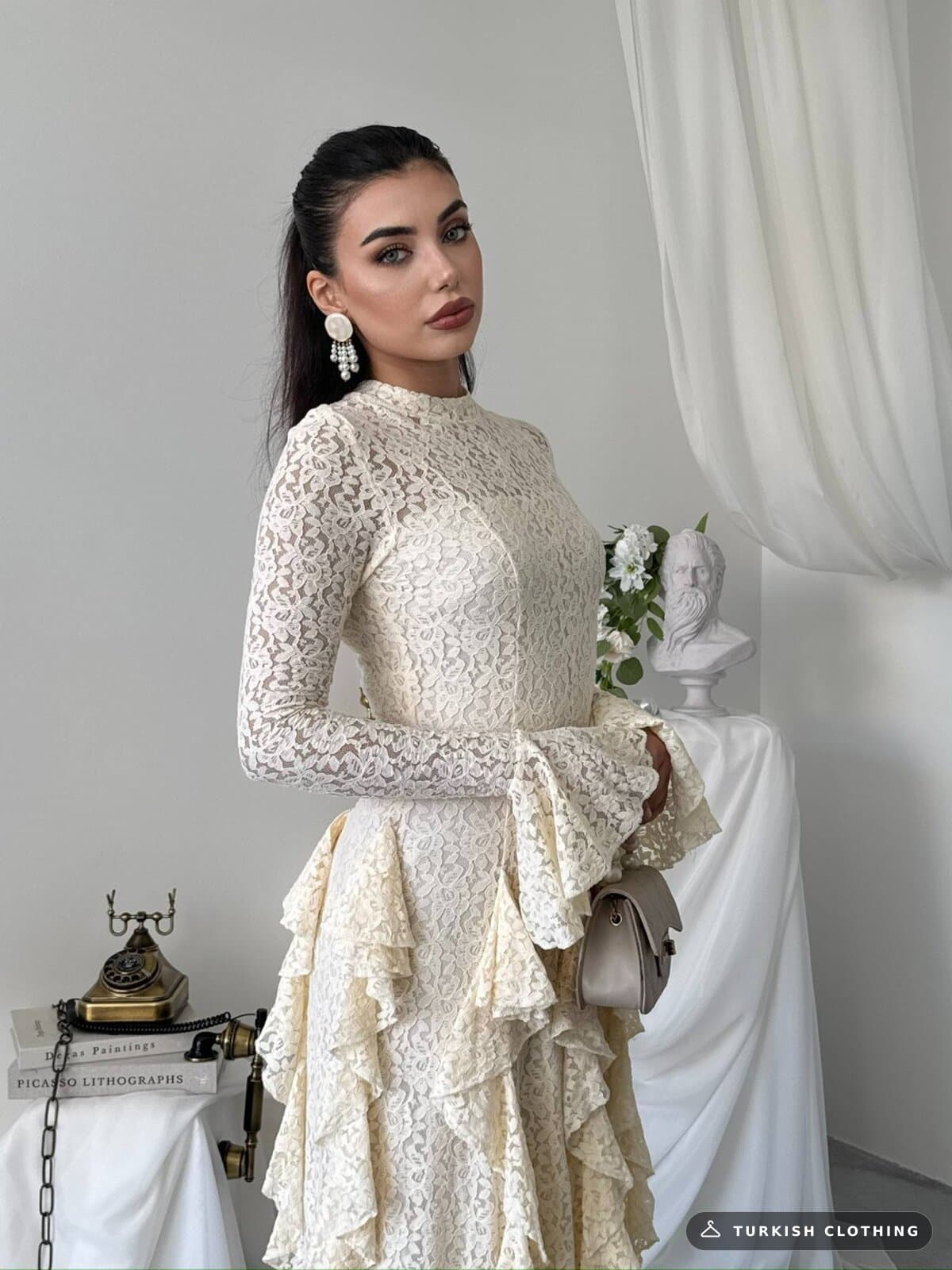 Furuz Midi Dress — Beige in Lace – fabric detail, wholesale Women's Dresses from Türkiye