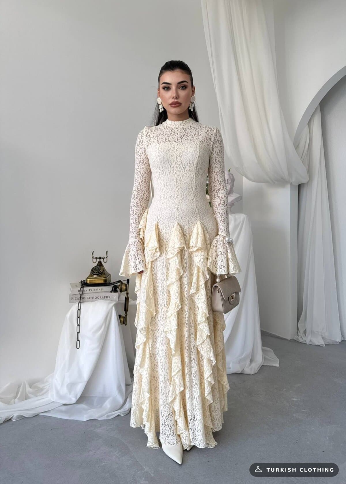 Furuz Midi Dress — Beige in Lace – flat lay, wholesale Women's Dresses from Türkiye