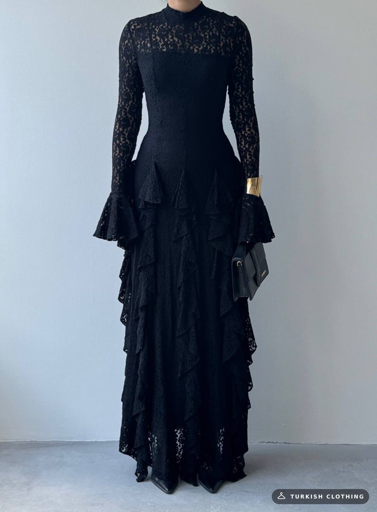 Furuz Midi Dress — Black in Lace – fabric detail, wholesale Women's Dresses from Türkiye