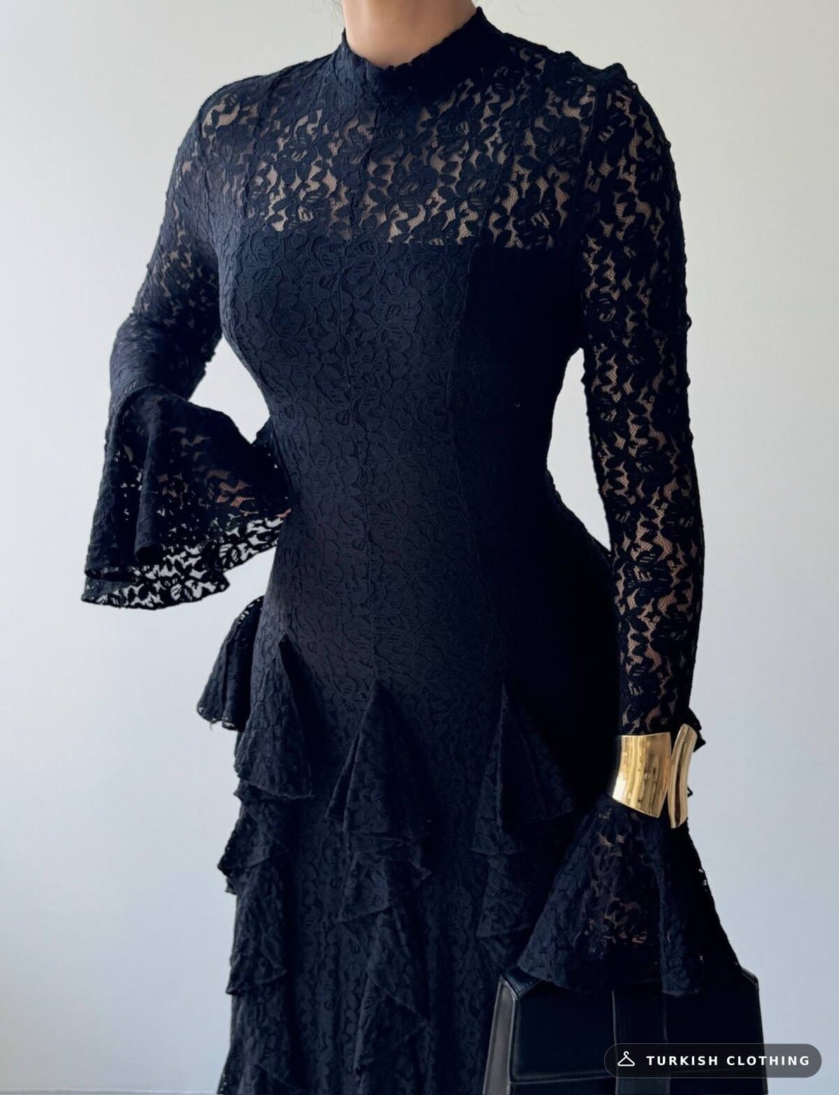 Furuz Midi Dress — Black in Lace – full-length view, wholesale Women's Dresses from Türkiye