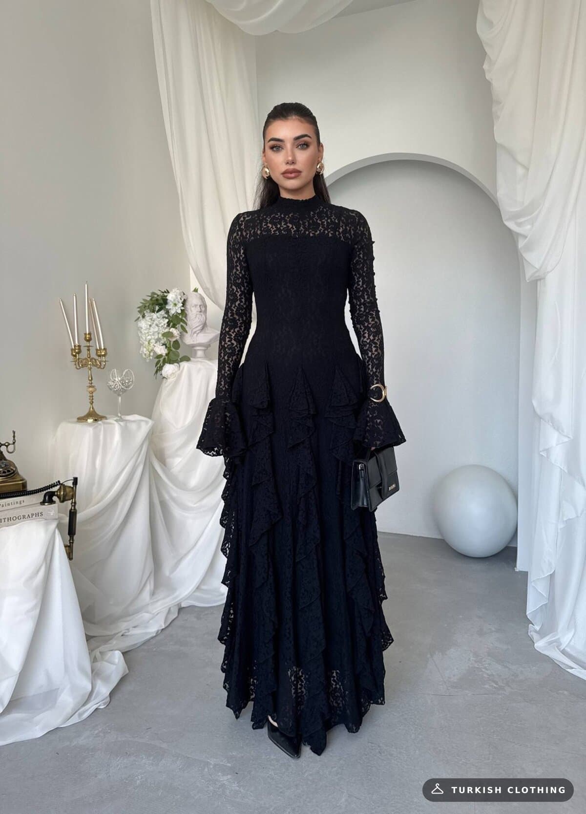 Furuz Midi Dress — Black in Lace – side view, wholesale Women's Dresses from Türkiye