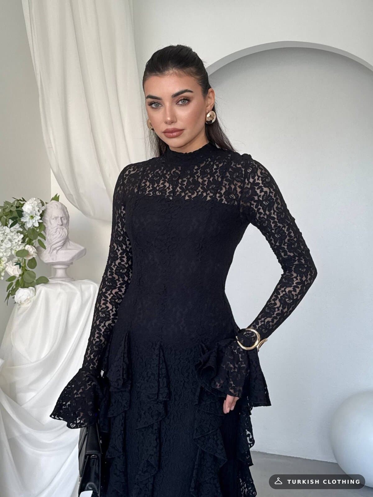 Furuz Midi Dress — Black in Lace – styling detail, wholesale Women's Dresses from Türkiye