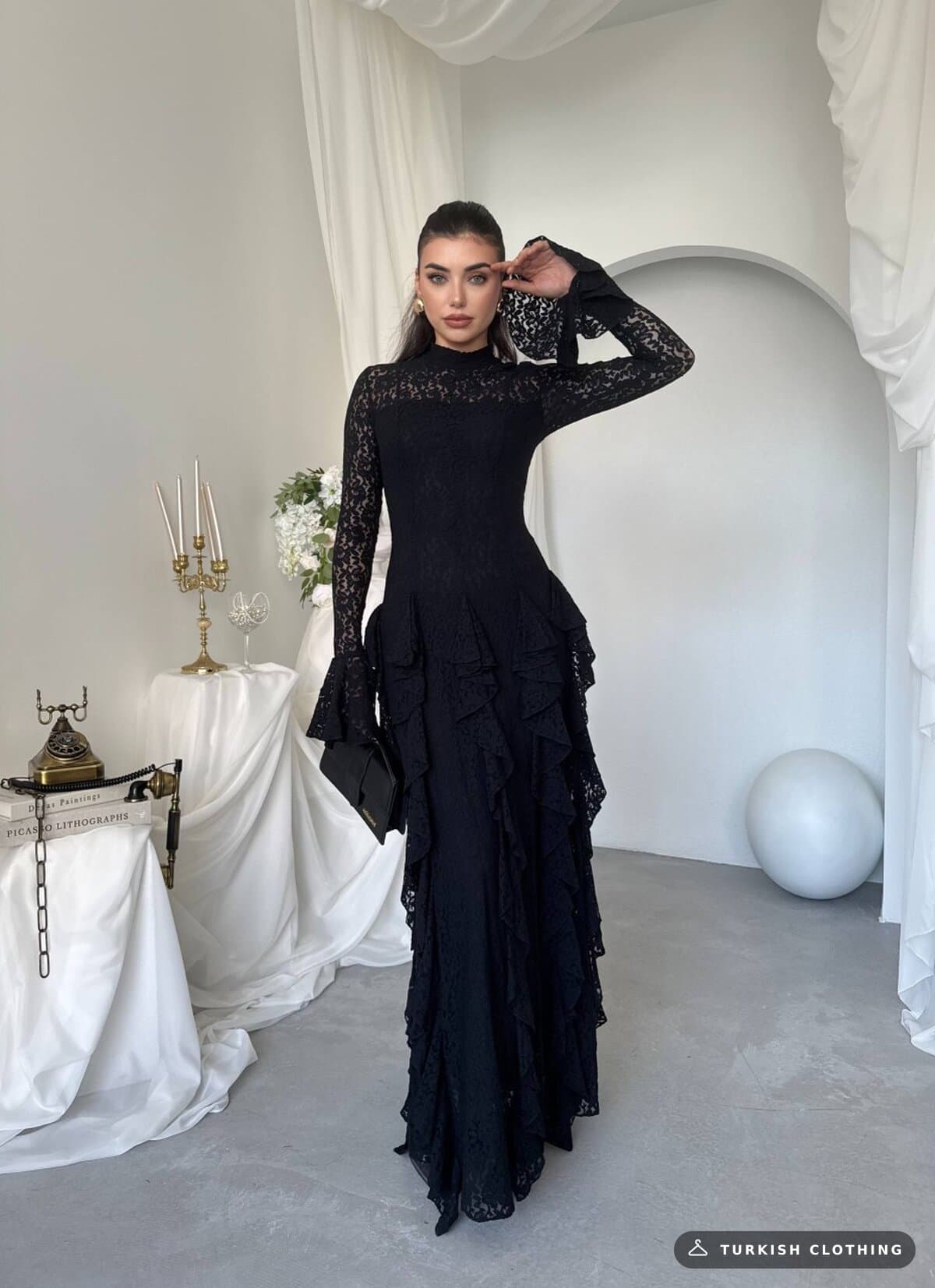 Furuz Midi Dress — Black in Lace – close-up detail, wholesale Women's Dresses from Türkiye