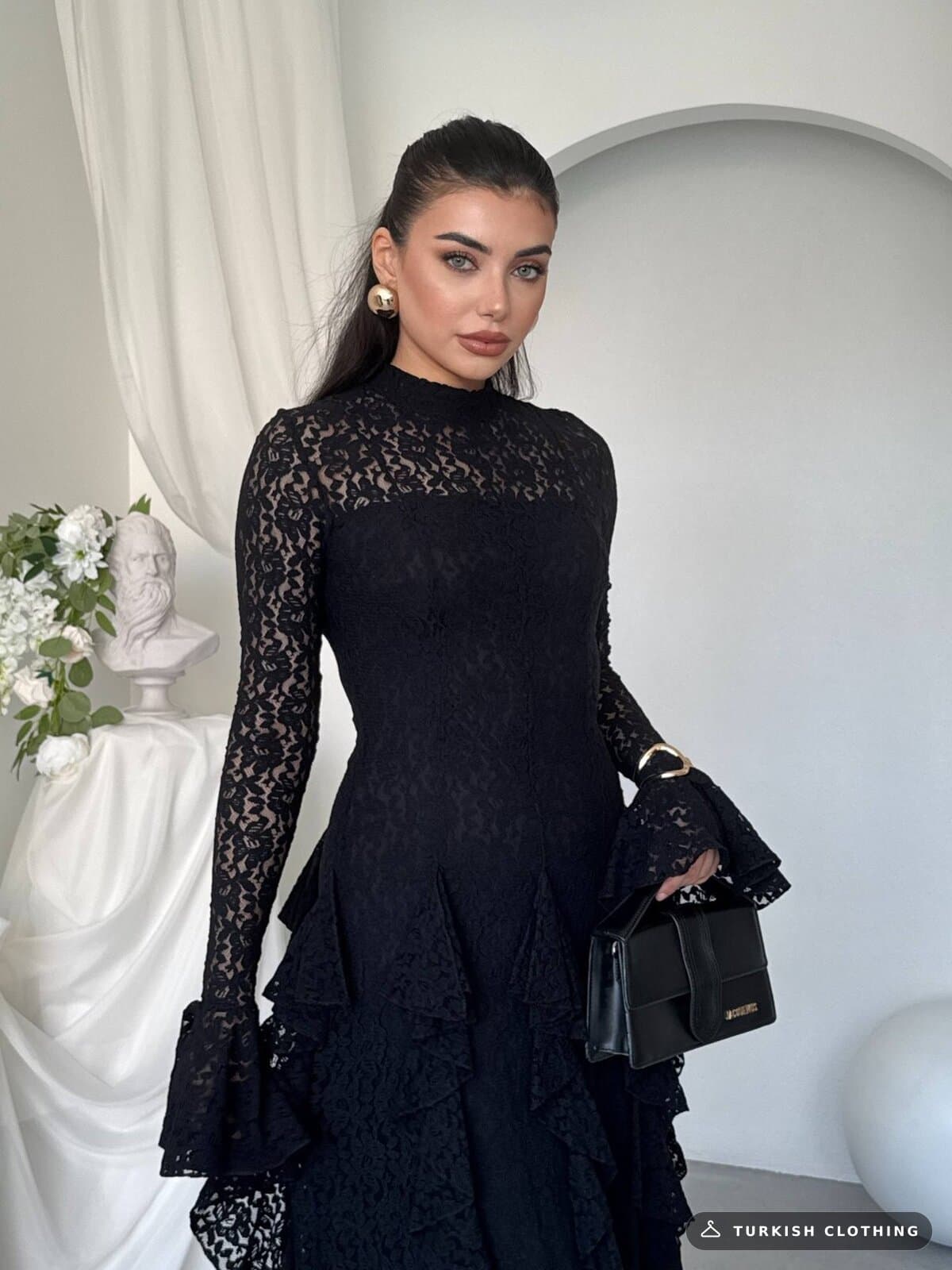 Furuz Midi Dress — Black in Lace – back view, wholesale Women's Dresses from Türkiye