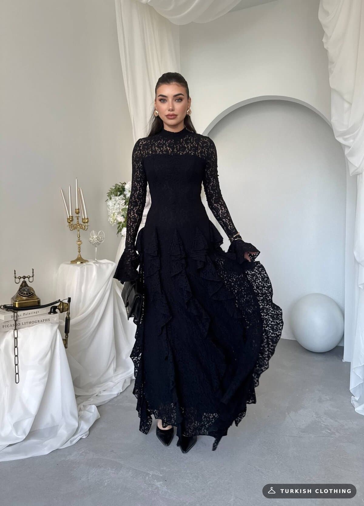 Furuz Midi Dress — Black in Lace – flat lay, wholesale Women's Dresses from Türkiye