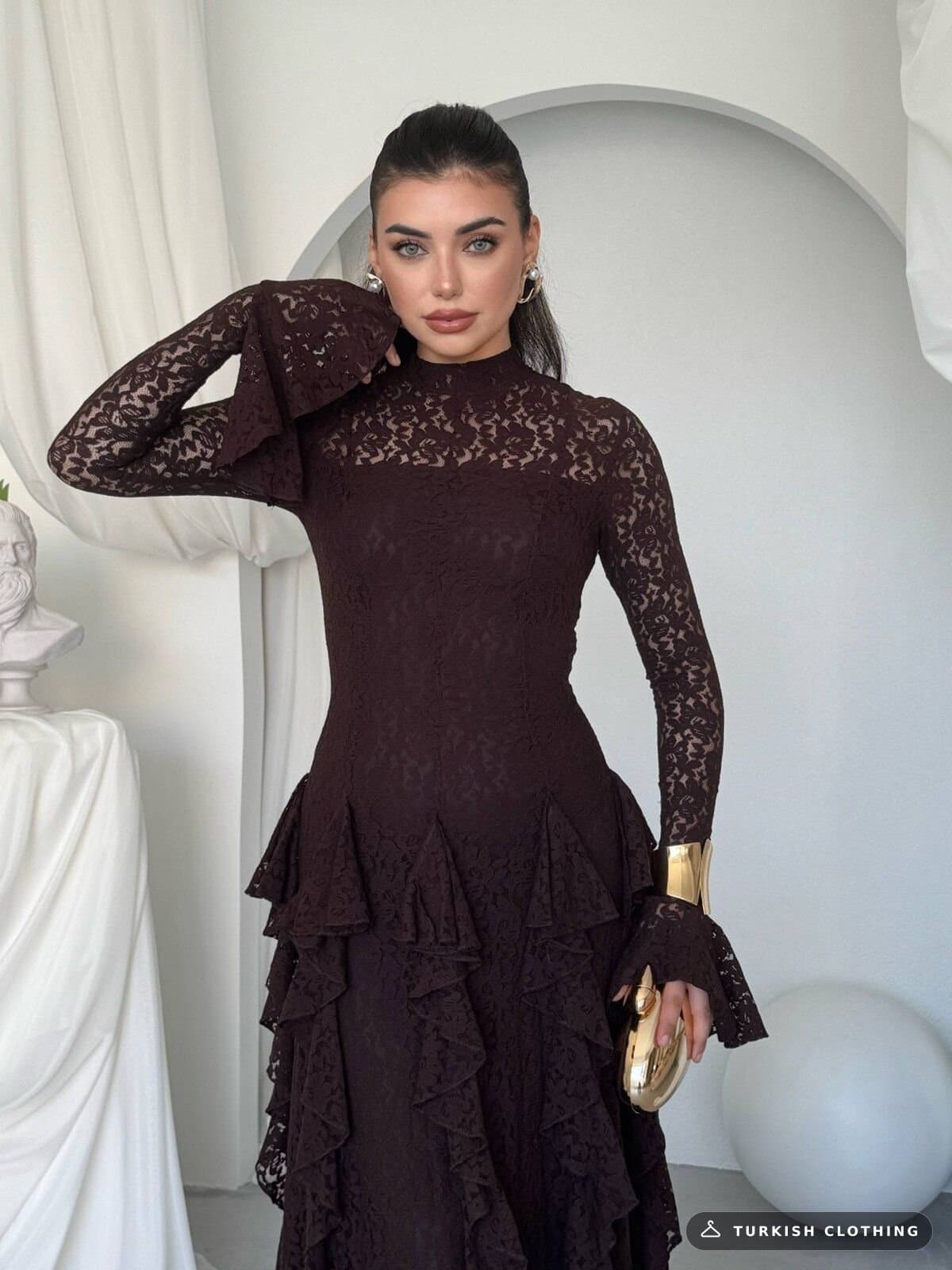 Furuz Midi Dress — Brown in Lace – back view, wholesale Women's Dresses from Türkiye