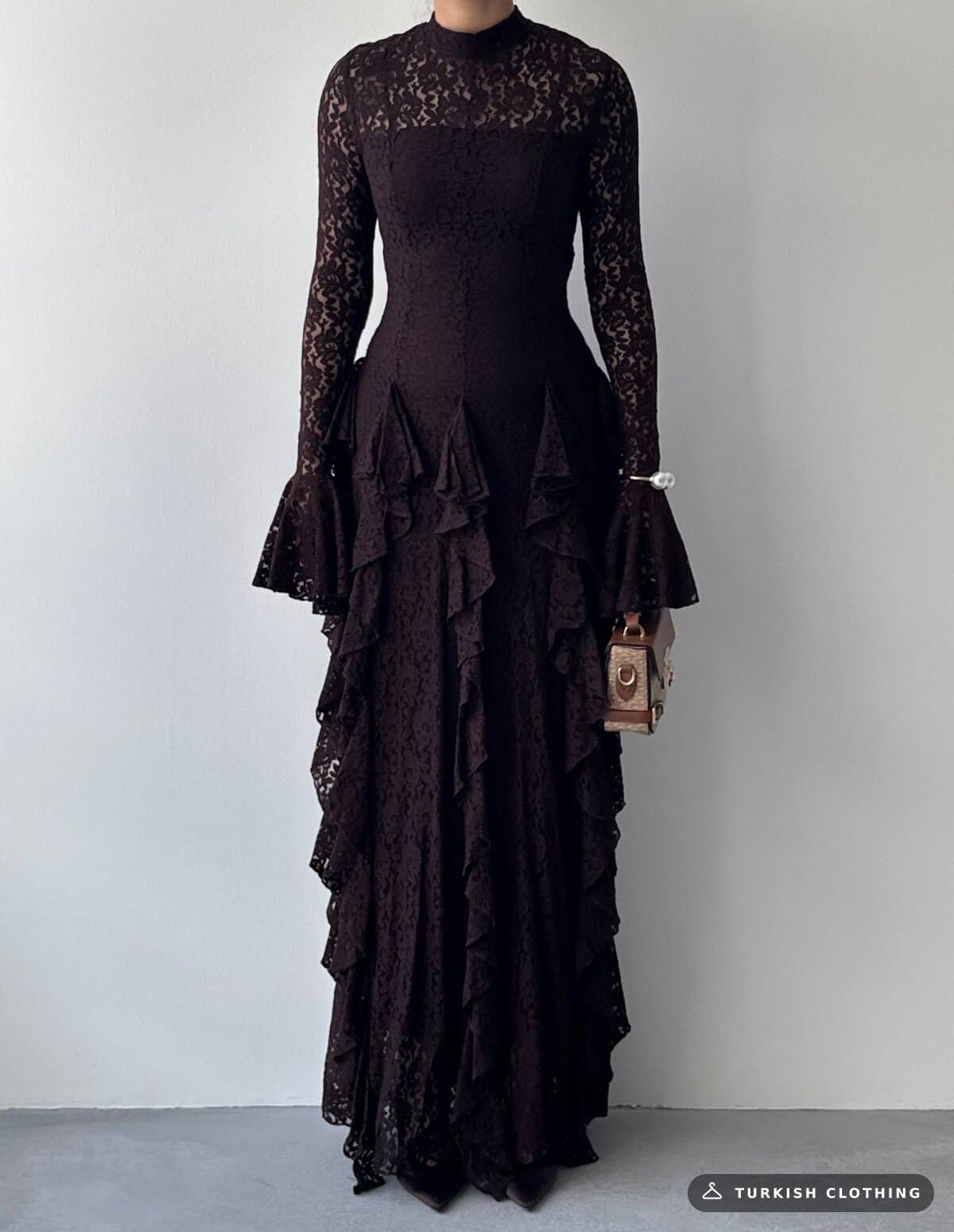 Furuz Midi Dress — Brown in Lace – fabric detail, wholesale Women's Dresses from Türkiye