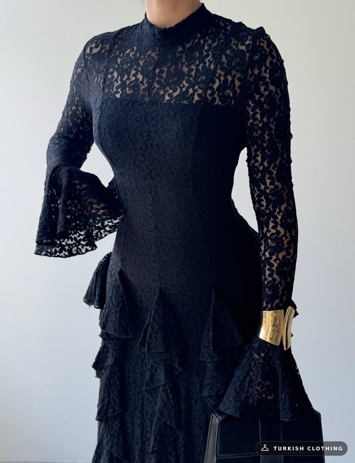 Furuz Midi Dress — Brown in Lace – full-length view, wholesale Women's Dresses from Türkiye
