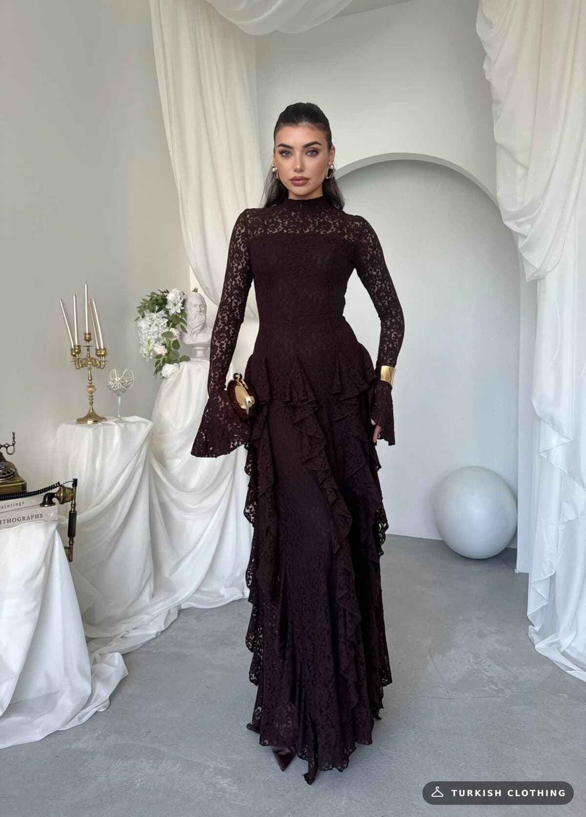 Furuz Midi Dress — Brown in Lace – side view, wholesale Women's Dresses from Türkiye