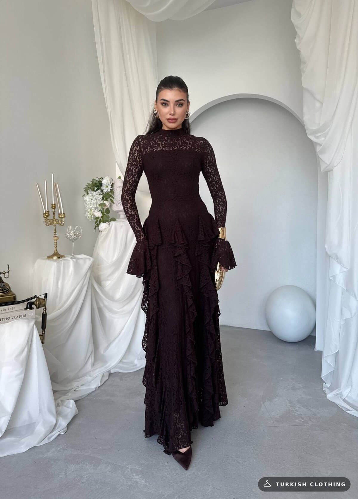 Furuz Midi Dress — Brown in Lace – styling detail, wholesale Women's Dresses from Türkiye