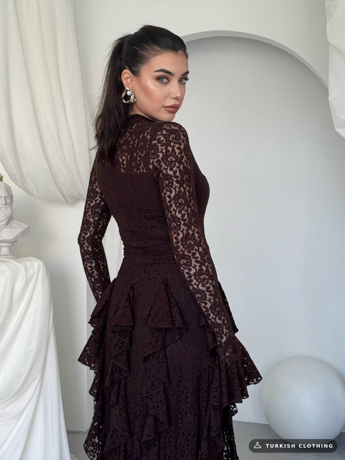 Furuz Midi Dress — Brown in Lace – close-up detail, wholesale Women's Dresses from Türkiye
