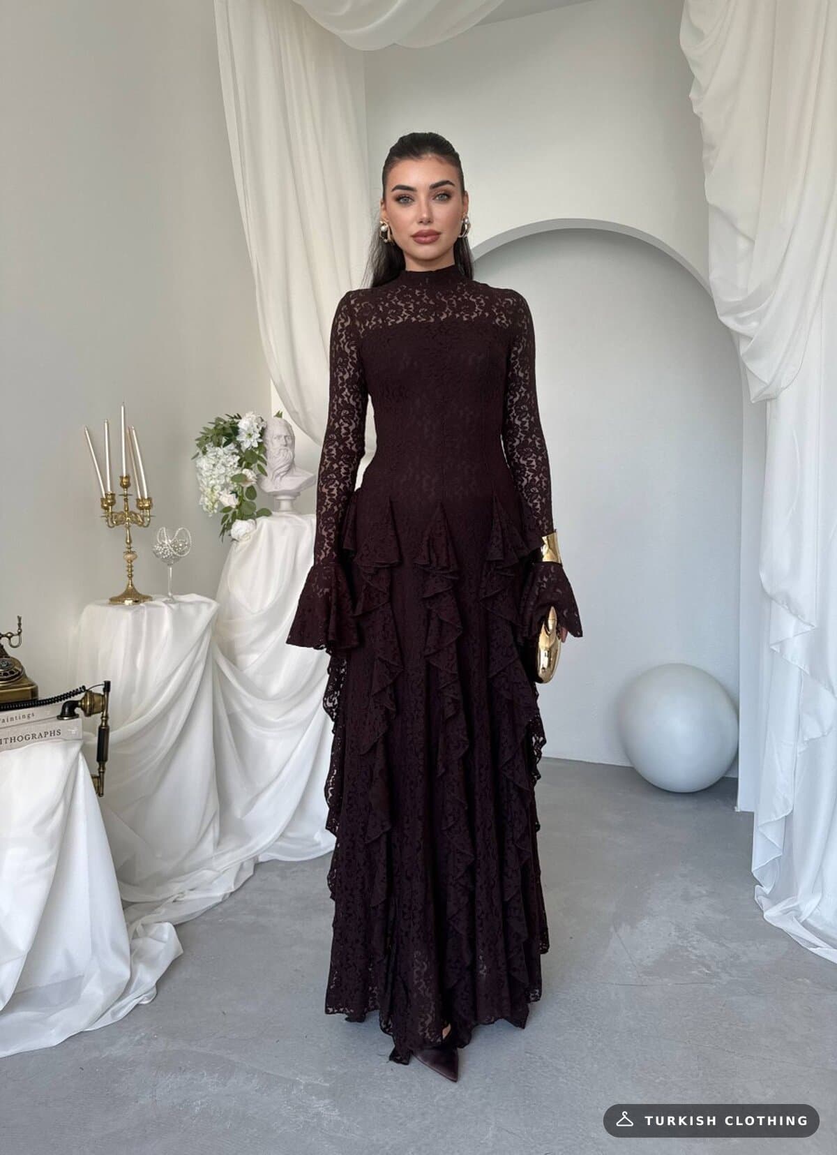 Furuz Midi Dress — Brown in Lace – flat lay, wholesale Women's Dresses from Türkiye