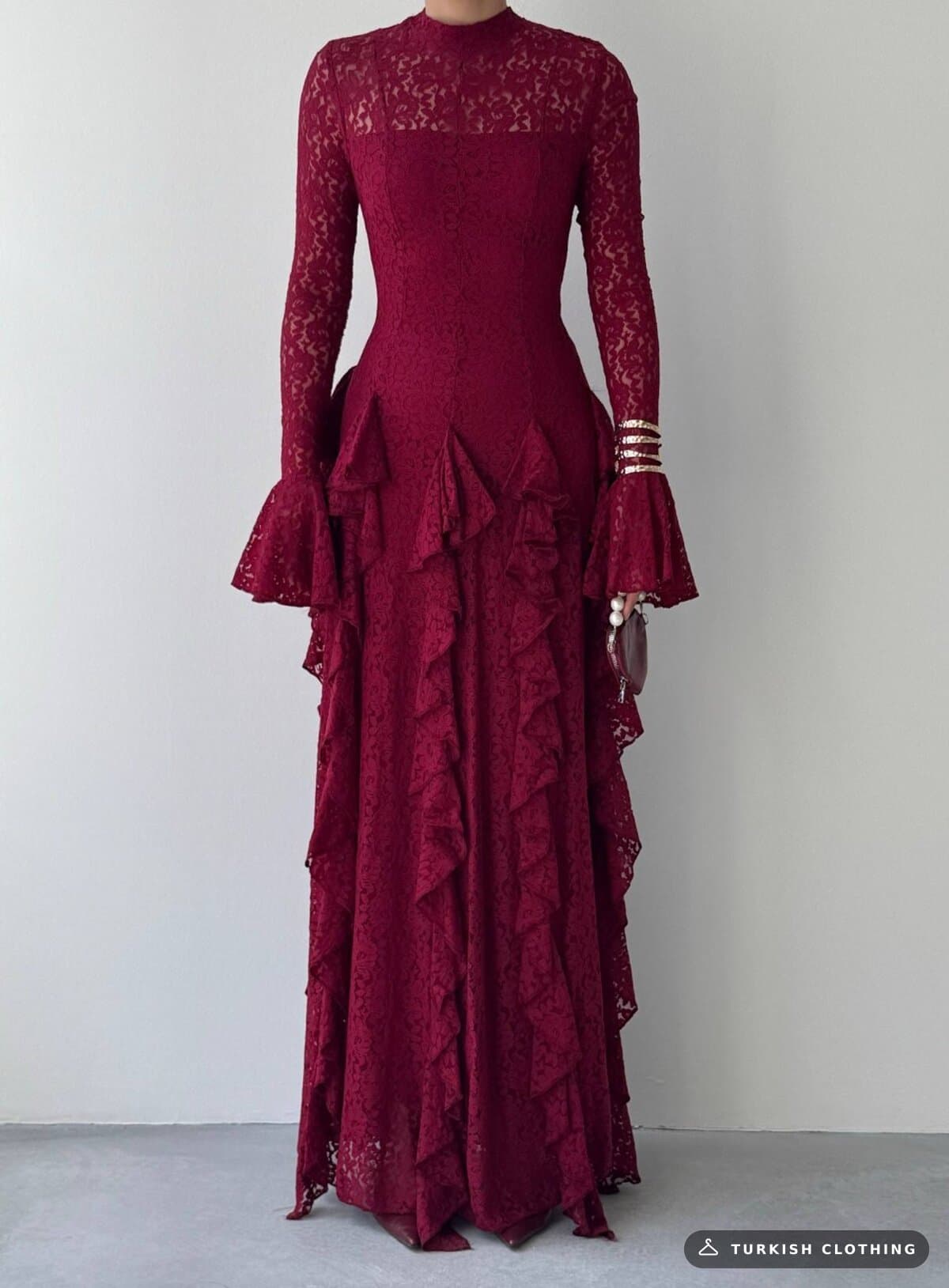 Furuz Midi Dress — Burgundy in Lace – back view, wholesale Women's Dresses from Türkiye