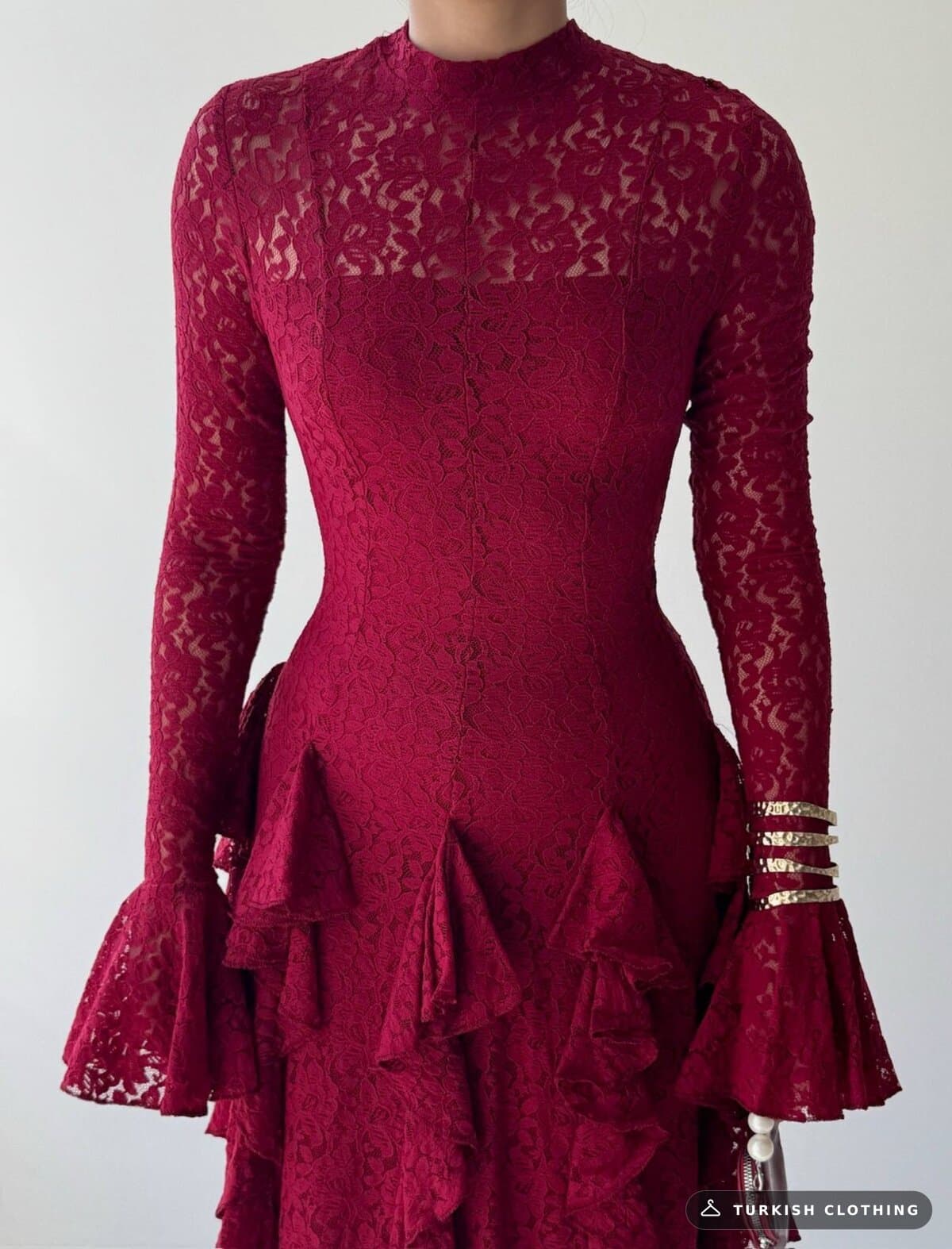 Furuz Midi Dress — Burgundy in Lace – fabric detail, wholesale Women's Dresses from Türkiye