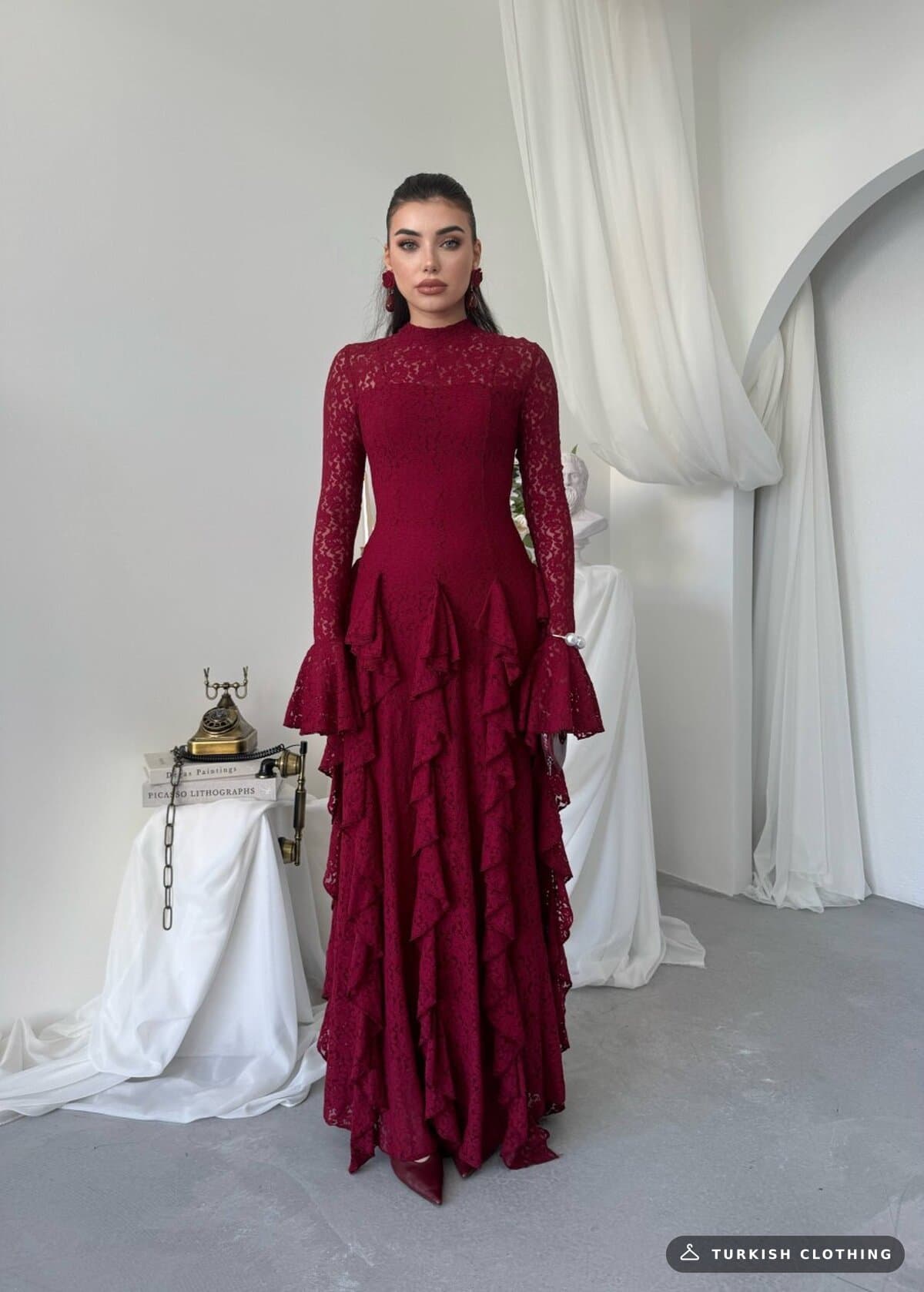 Furuz Midi Dress — Burgundy in Lace – full-length view, wholesale Women's Dresses from Türkiye
