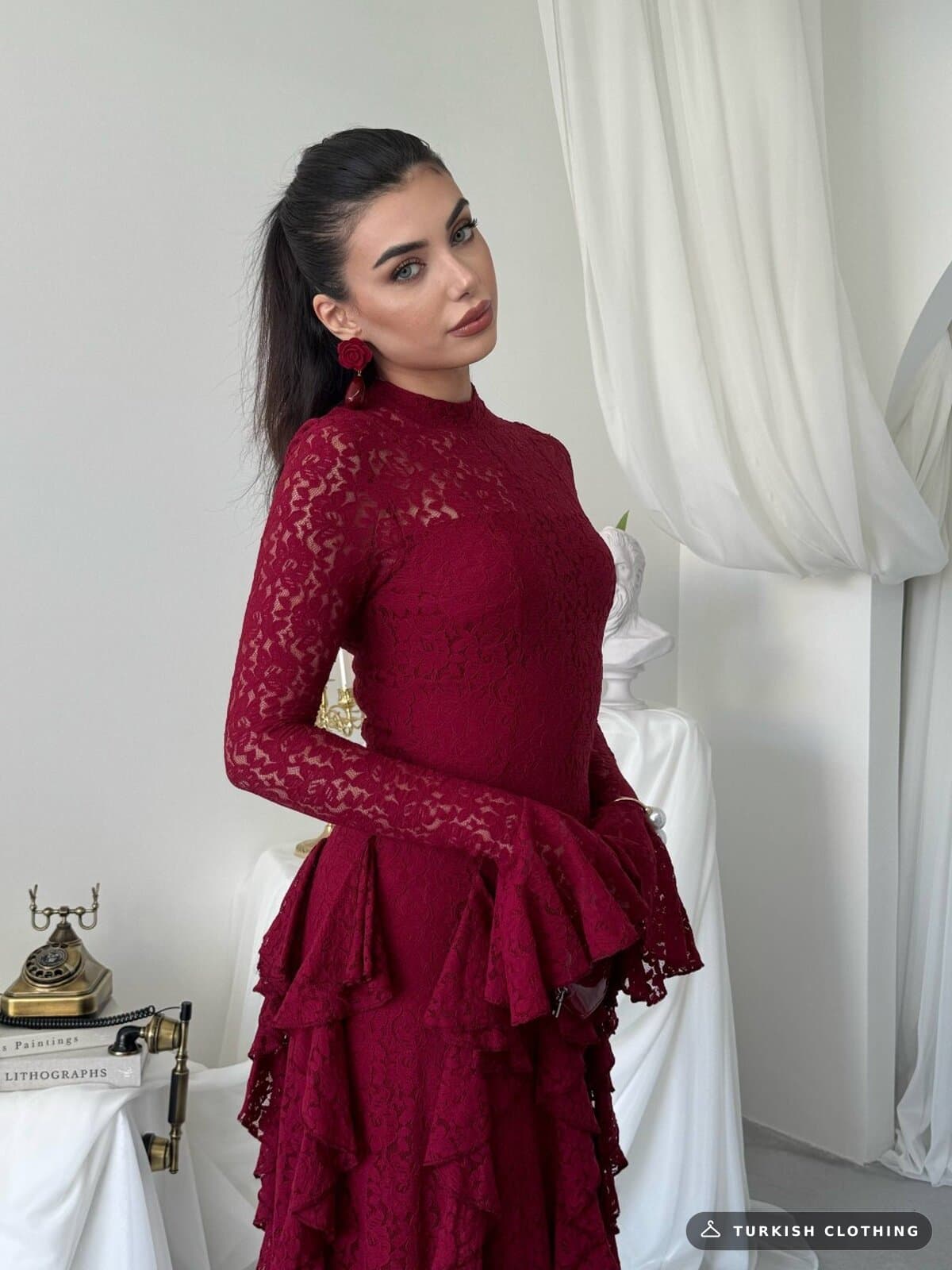 Furuz Midi Dress — Burgundy in Lace – side view, wholesale Women's Dresses from Türkiye