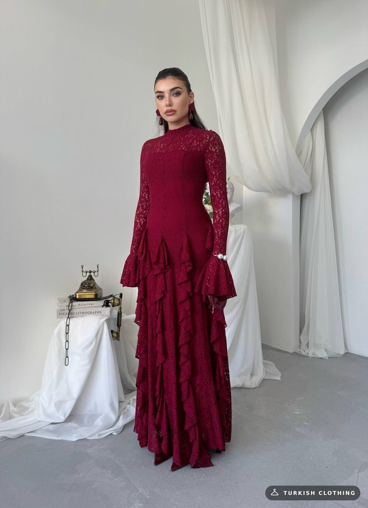 Furuz Midi Dress — Burgundy in Lace – styling detail, wholesale Women's Dresses from Türkiye