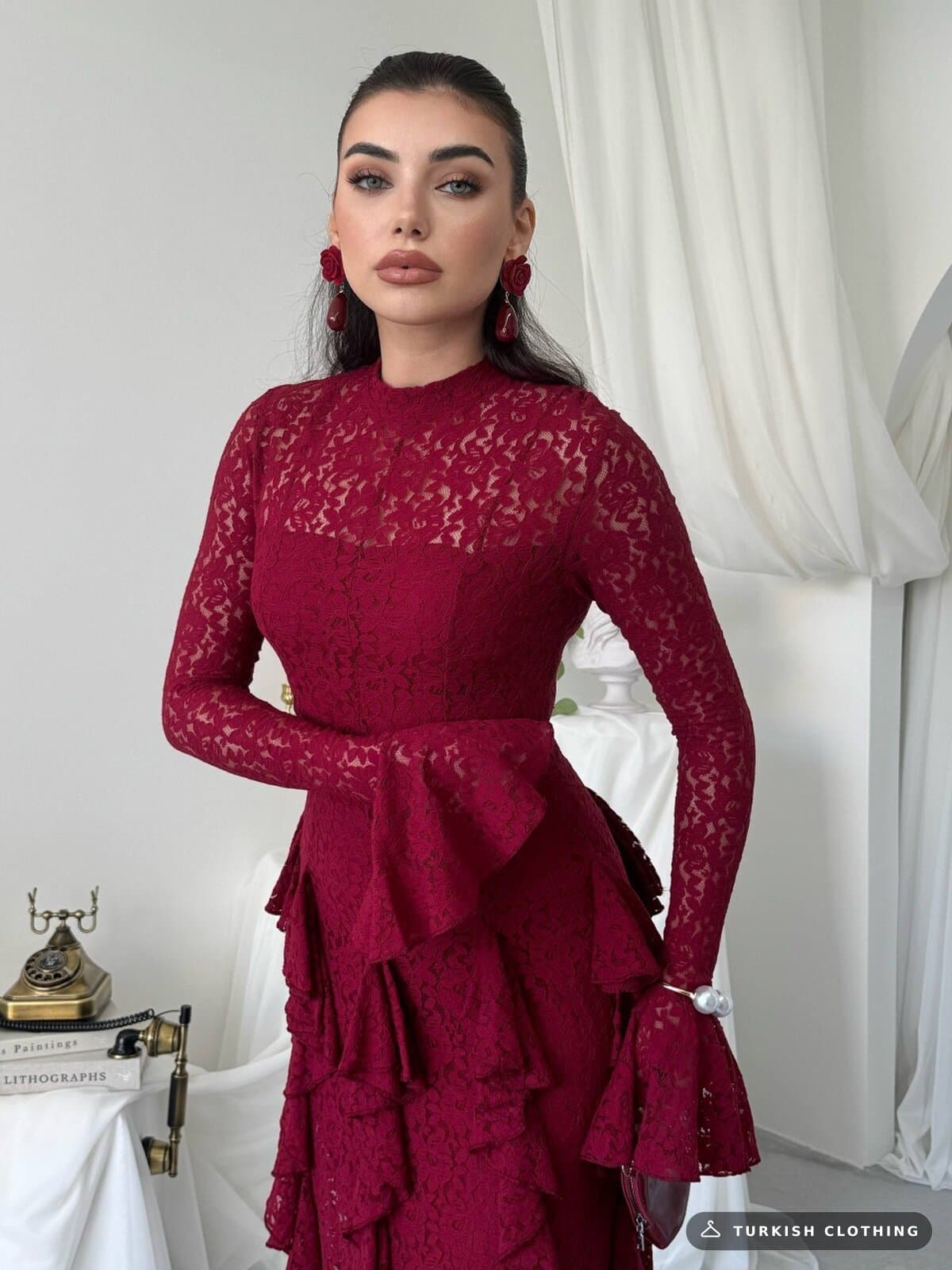 Furuz Midi Dress — Burgundy in Lace – close-up detail, wholesale Women's Dresses from Türkiye