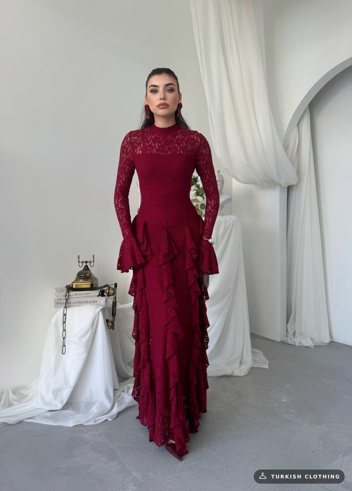 Furuz Midi Dress — Burgundy in Lace – flat lay, wholesale Women's Dresses from Türkiye