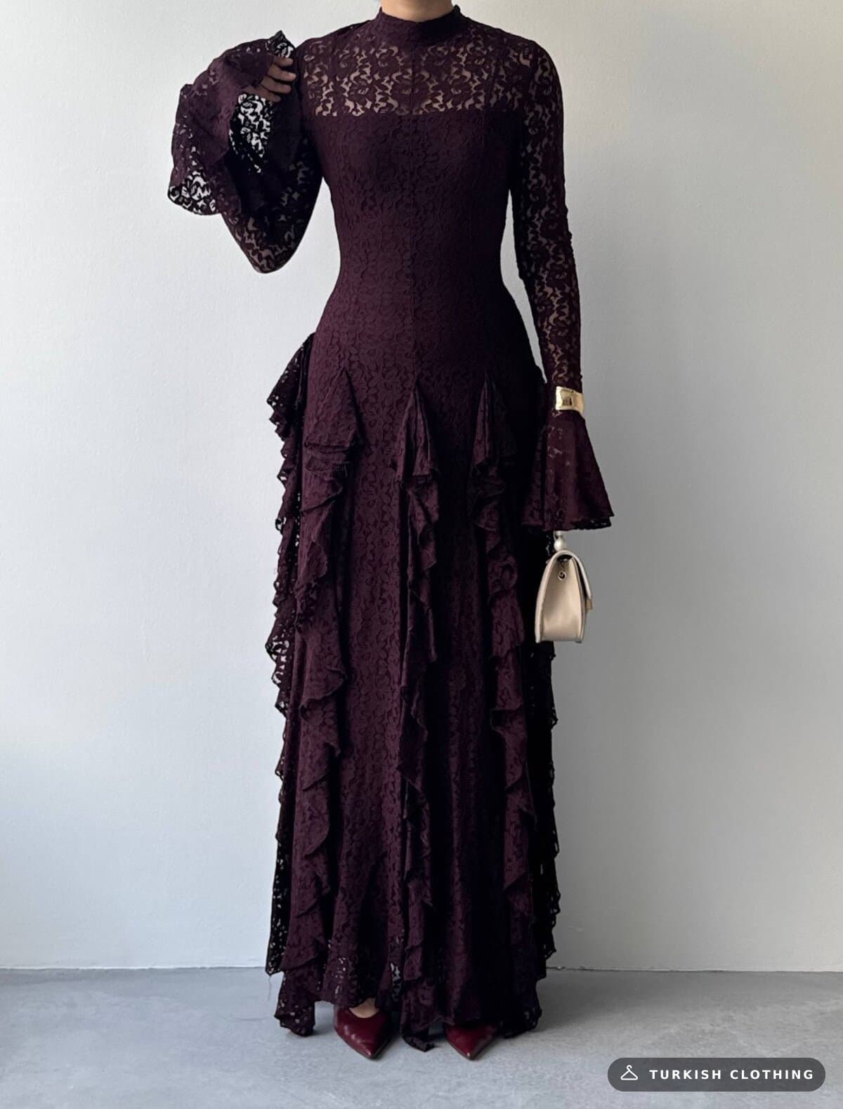 Furuz Midi Dress — Plum in Lace – back view, wholesale Women's Dresses from Türkiye