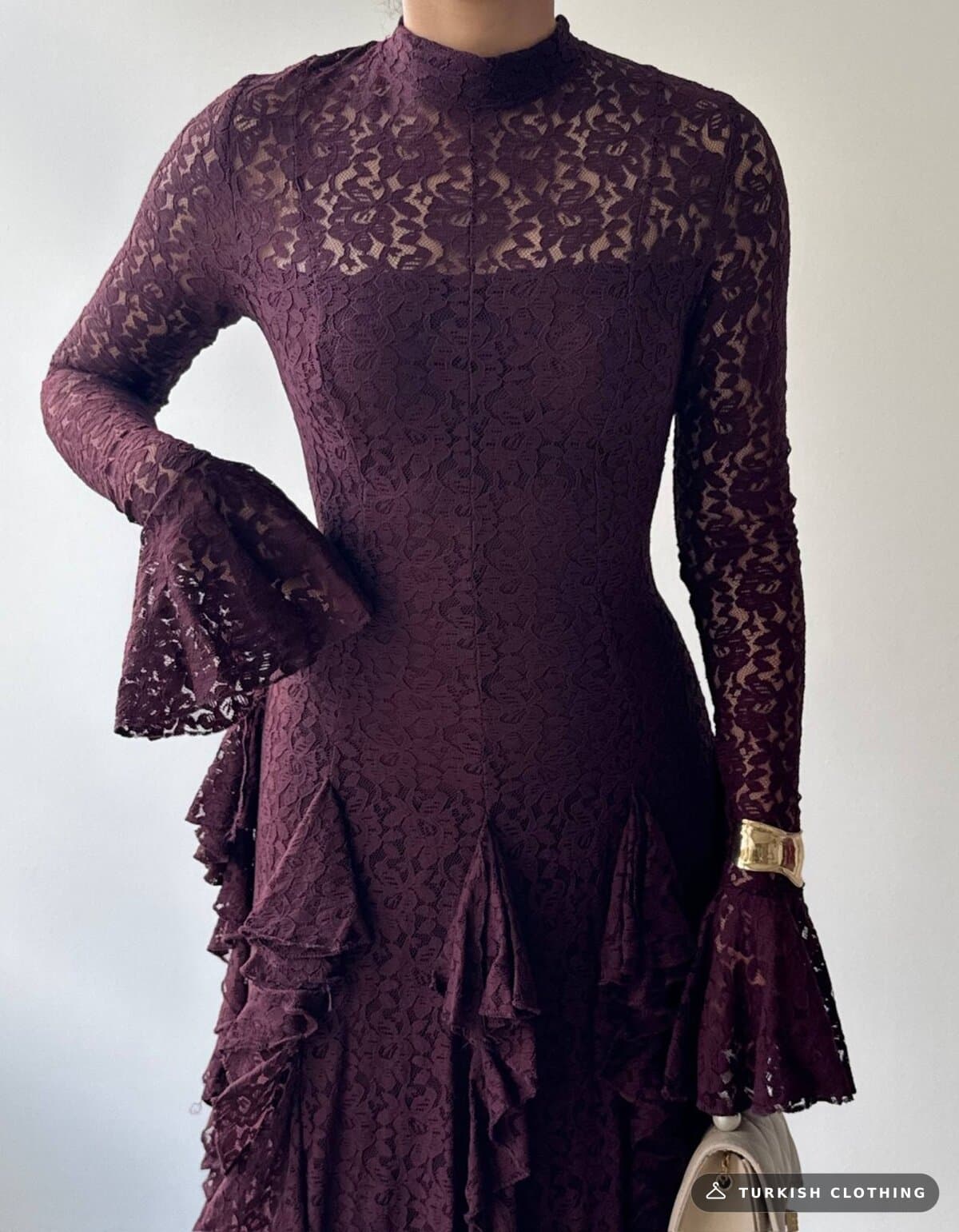 Furuz Midi Dress — Plum in Lace – fabric detail, wholesale Women's Dresses from Türkiye