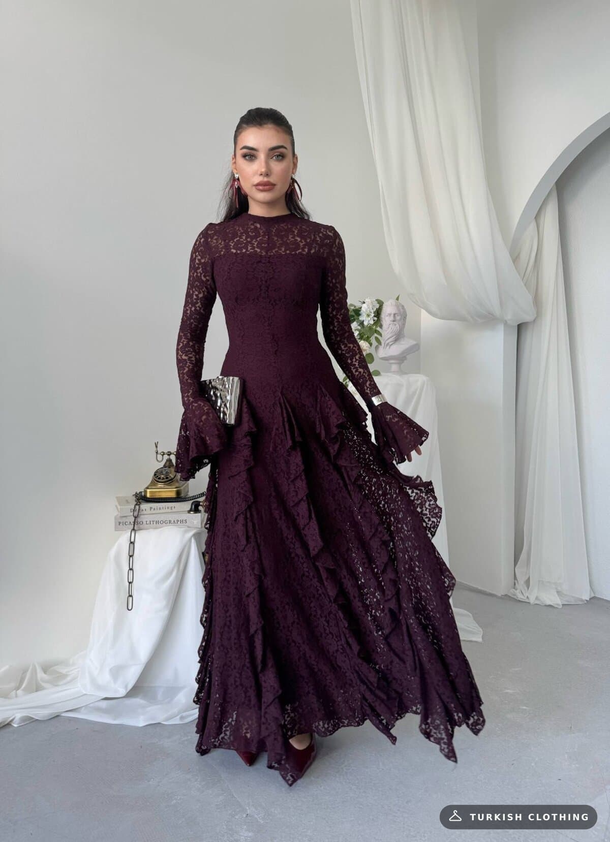 Furuz Midi Dress — Plum in Lace – full-length view, wholesale Women's Dresses from Türkiye