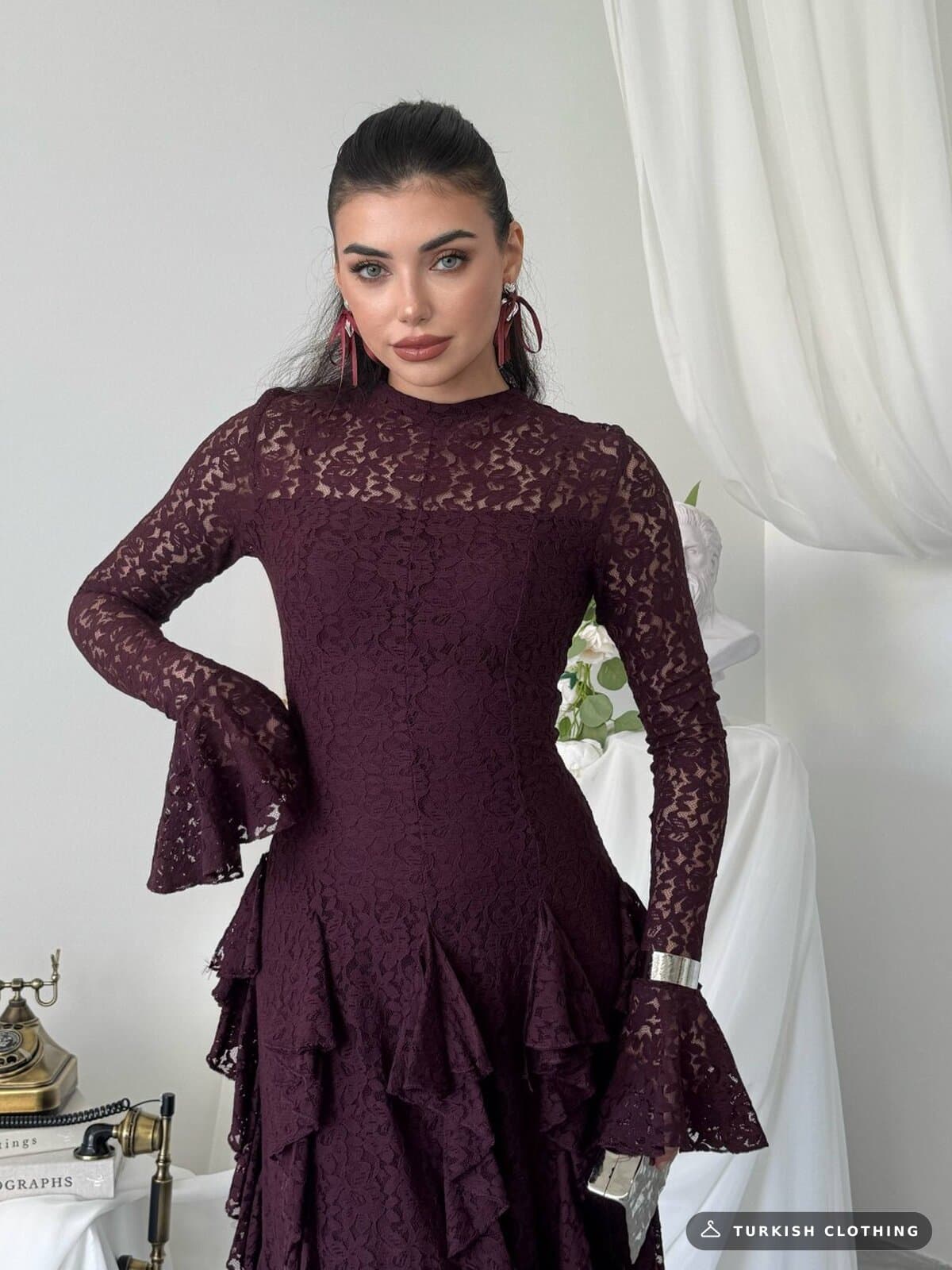 Furuz Midi Dress — Plum in Lace – side view, wholesale Women's Dresses from Türkiye