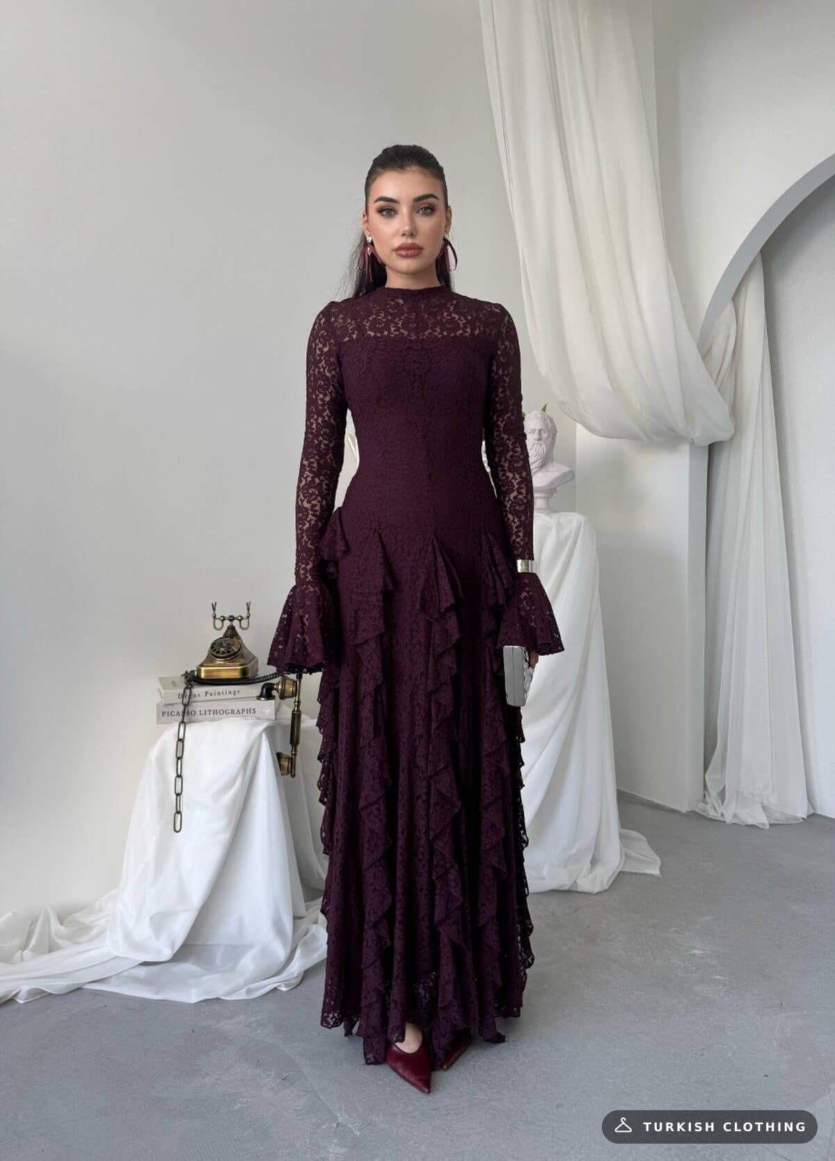 Furuz Midi Dress — Plum in Lace – flat lay, wholesale Women's Dresses from Türkiye