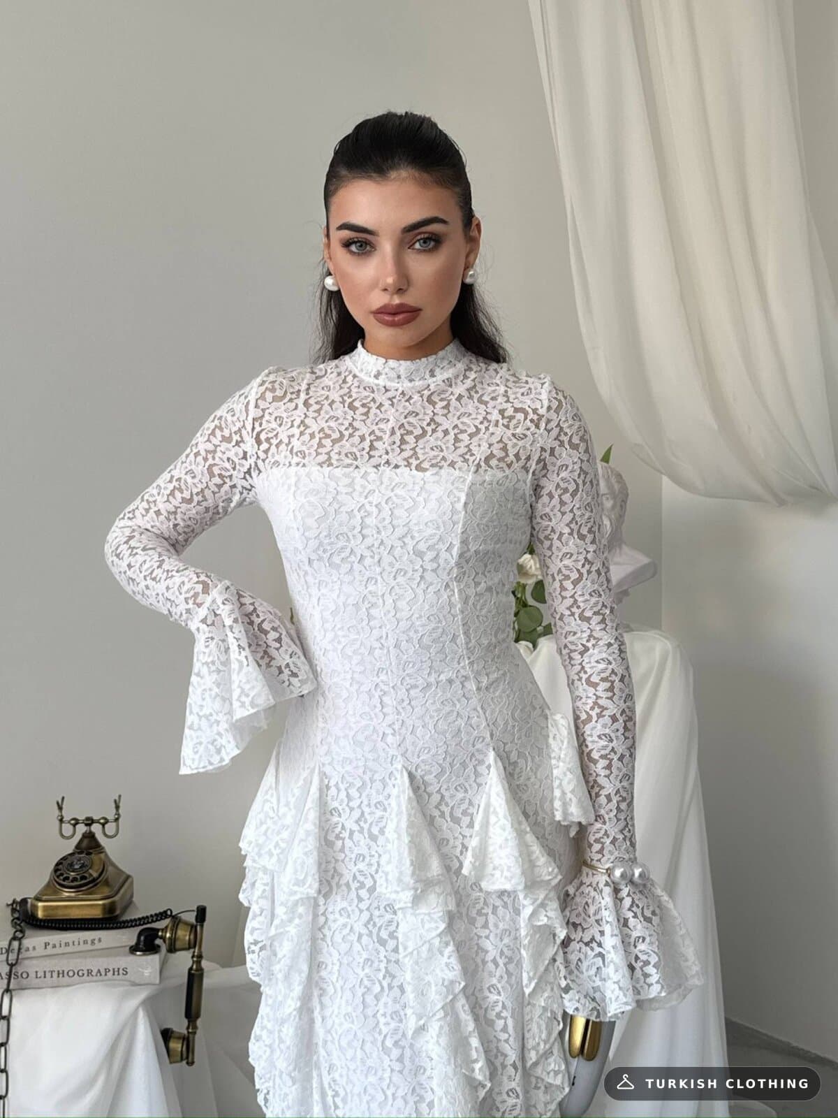Furuz Midi Dress — White in Lace – back view, wholesale Women's Dresses from Türkiye