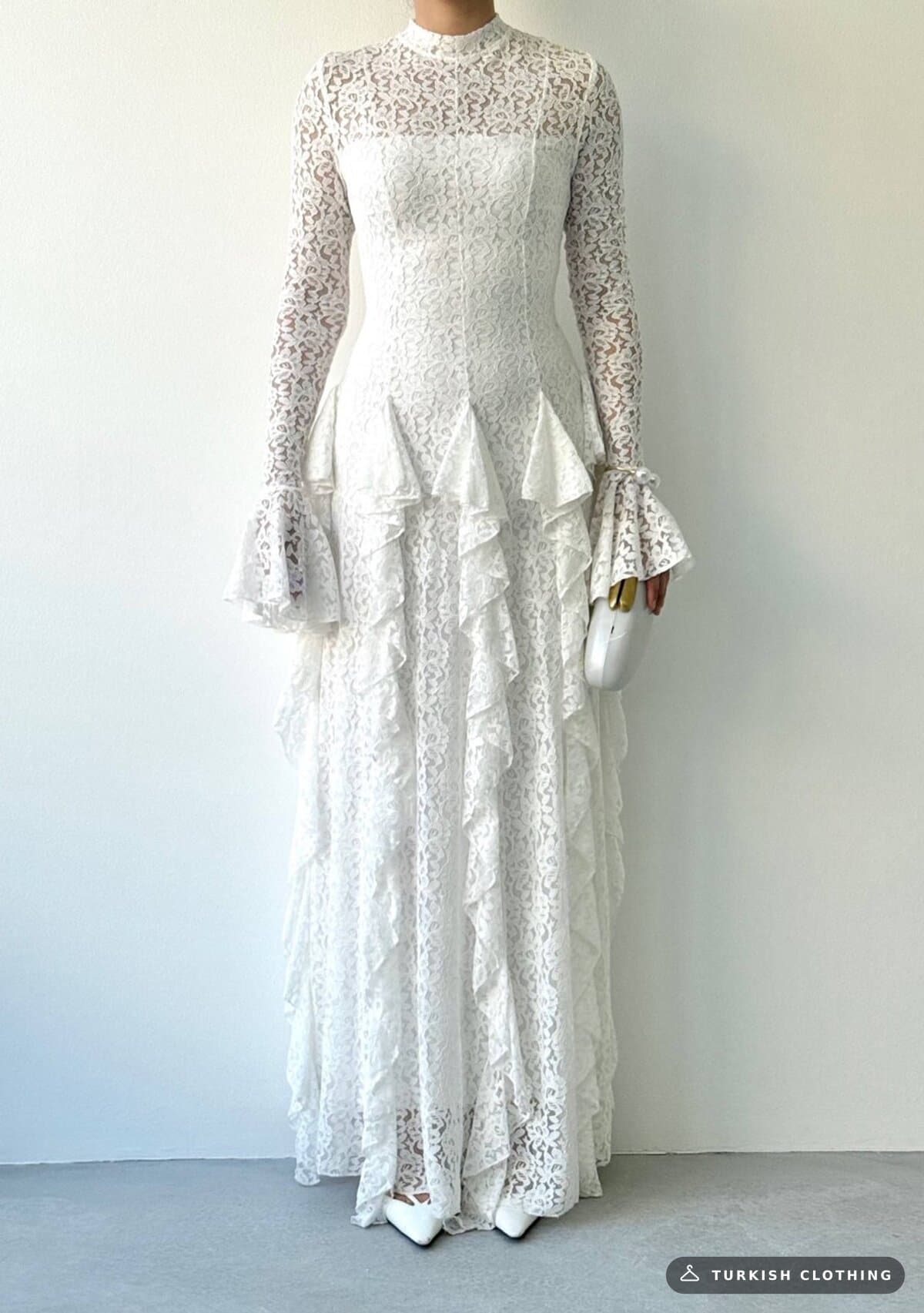 Furuz Midi Dress — White in Lace – fabric detail, wholesale Women's Dresses from Türkiye