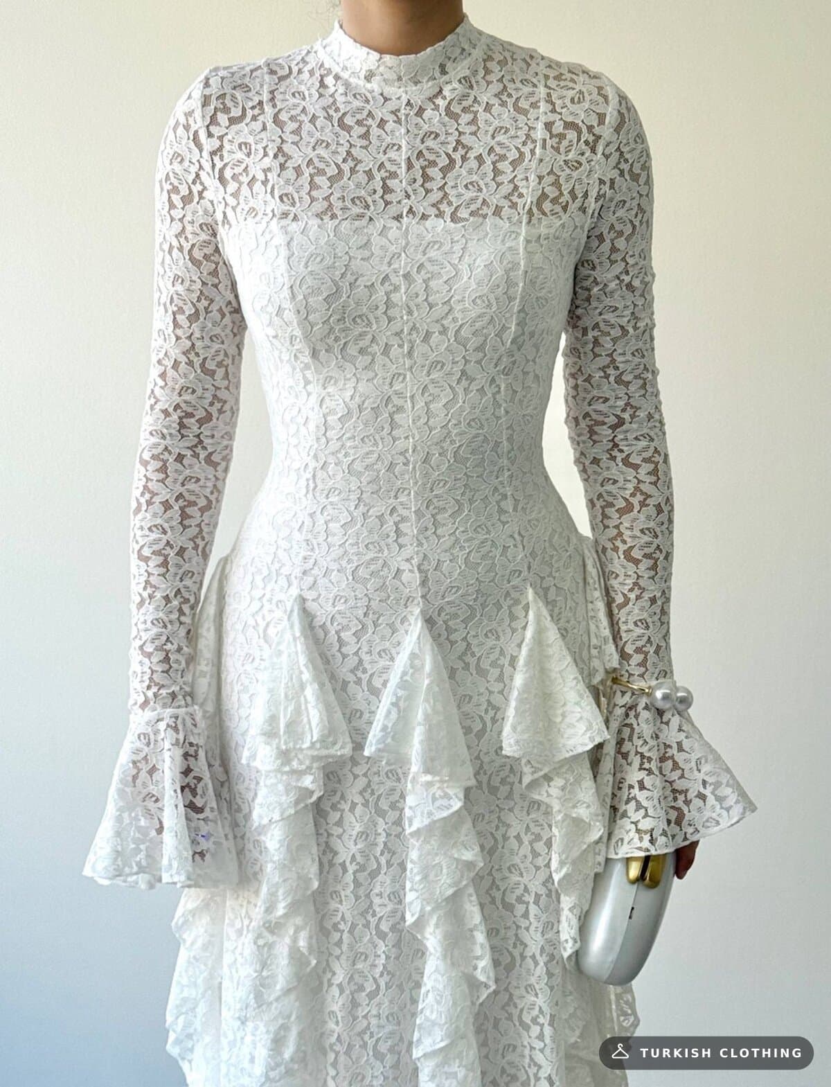Furuz Midi Dress — White in Lace – full-length view, wholesale Women's Dresses from Türkiye