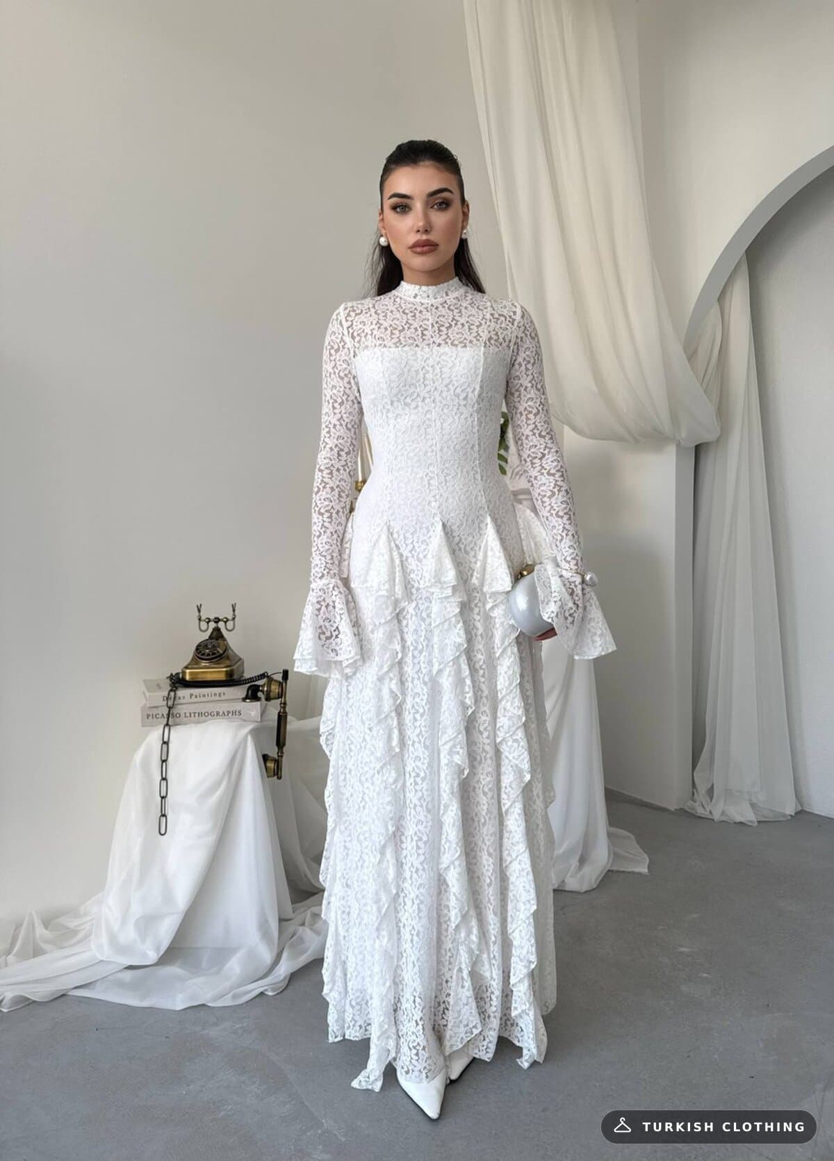 Furuz Midi Dress — White in Lace – side view, wholesale Women's Dresses from Türkiye