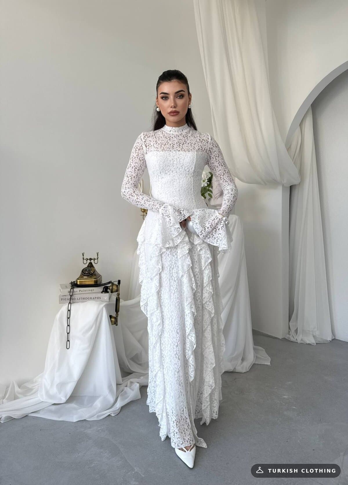Furuz Midi Dress — White in Lace – flat lay, wholesale Women's Dresses from Türkiye