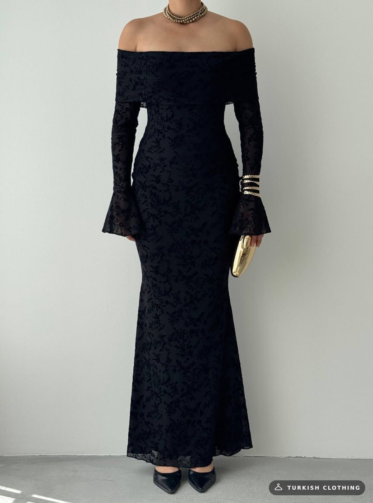 Juer Strapless Dress — Black in Imported – fabric detail, wholesale Women's Dresses from Türkiye