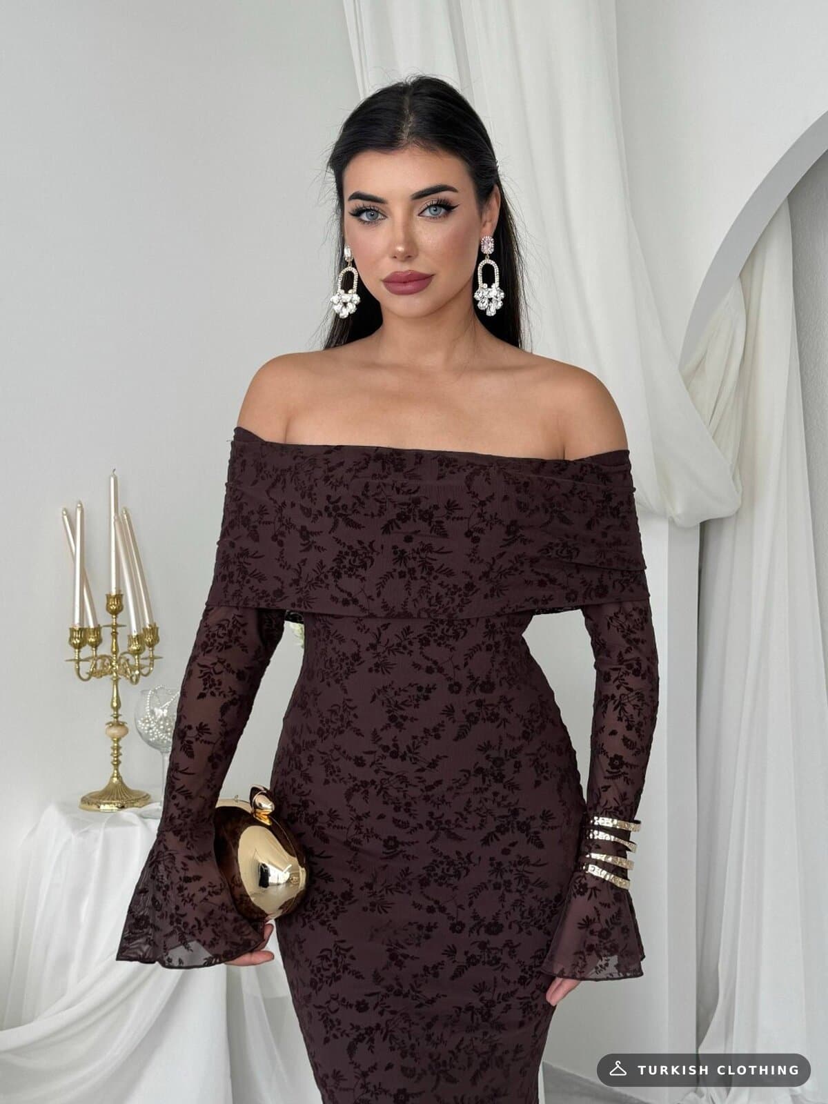 Juer Strapless Dress — Brown in Imported – fabric detail, wholesale Women's Dresses from Türkiye