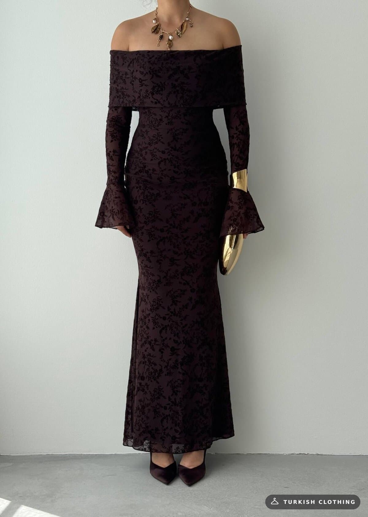 Juer Strapless Dress — Brown in Imported – full-length view, wholesale Women's Dresses from Türkiye