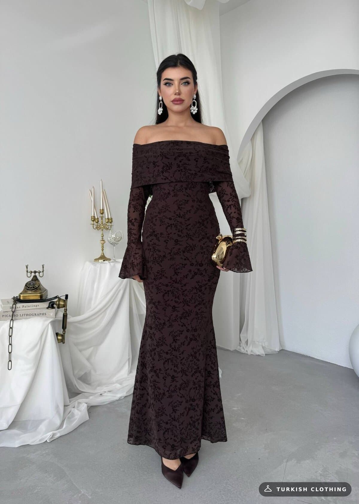 Juer Strapless Dress — Brown in Imported – side view, wholesale Women's Dresses from Türkiye