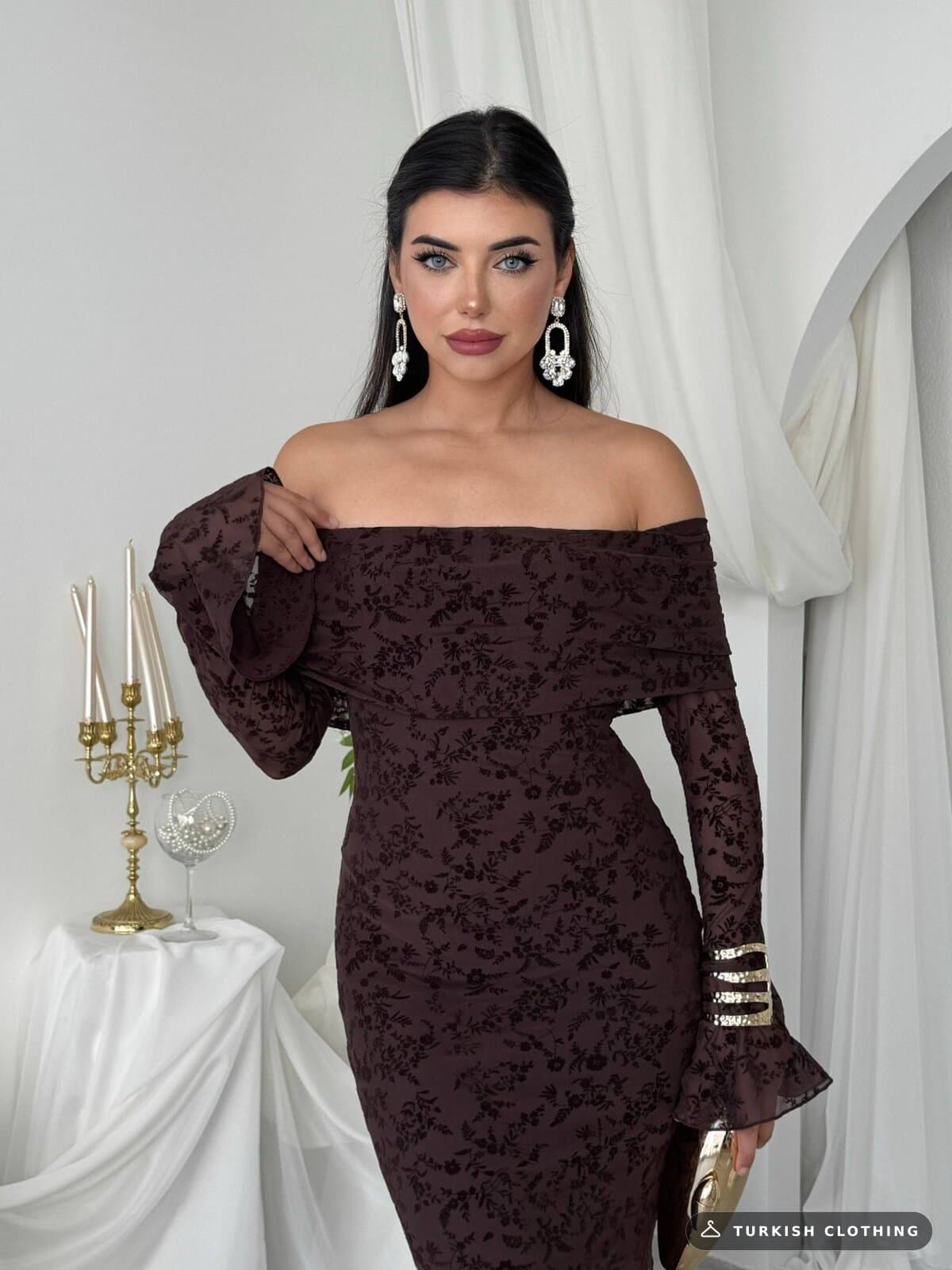Juer Strapless Dress — Brown in Imported – back view, wholesale Women's Dresses from Türkiye
