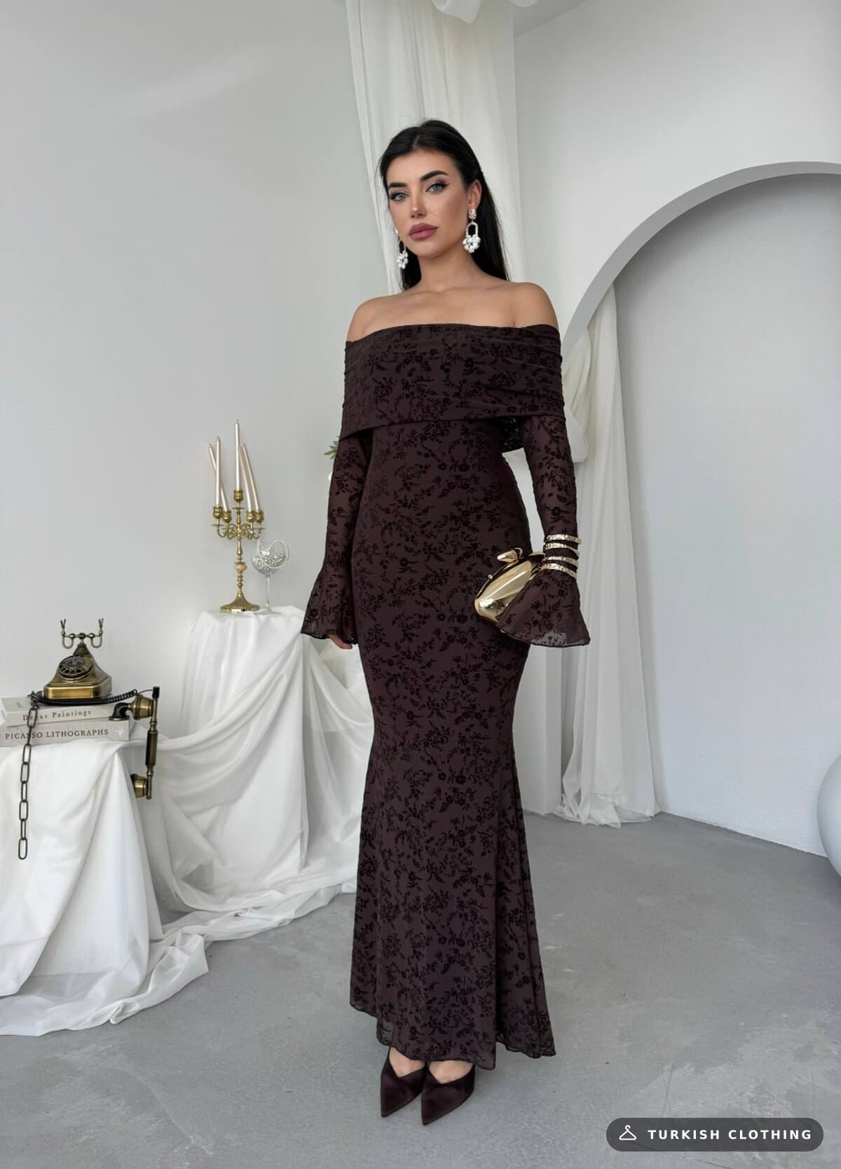 Juer Strapless Dress — Brown in Imported – close-up detail, wholesale Women's Dresses from Türkiye