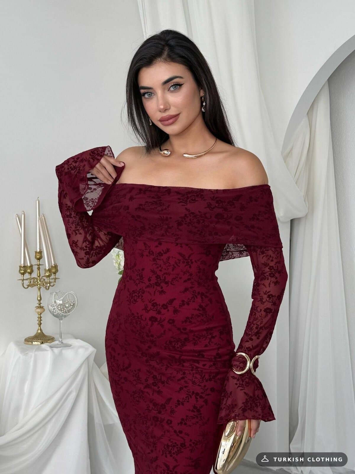 Juer Strapless Dress — Burgundy in Imported – fabric detail, wholesale Women's Dresses from Türkiye