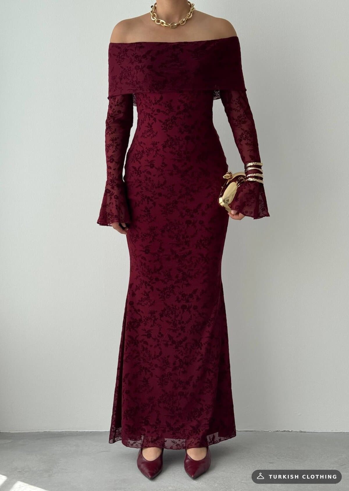 Juer Strapless Dress — Burgundy in Imported – full-length view, wholesale Women's Dresses from Türkiye