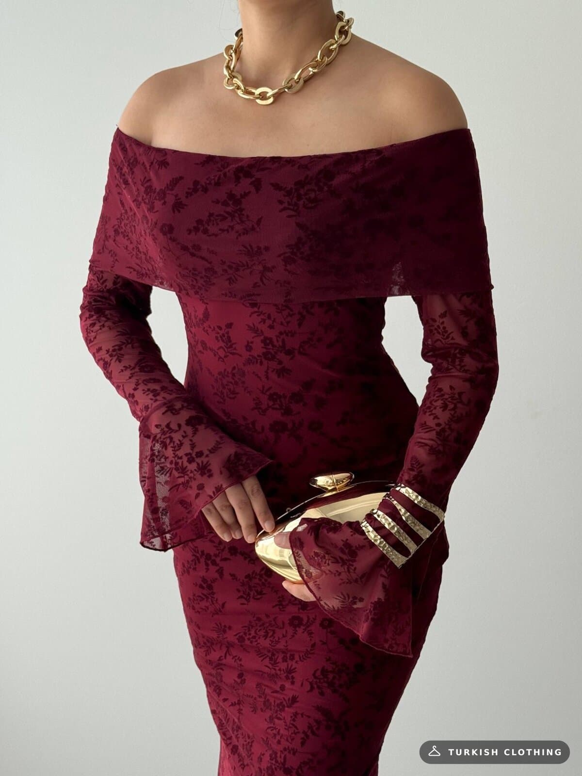 Juer Strapless Dress — Burgundy in Imported – side view, wholesale Women's Dresses from Türkiye