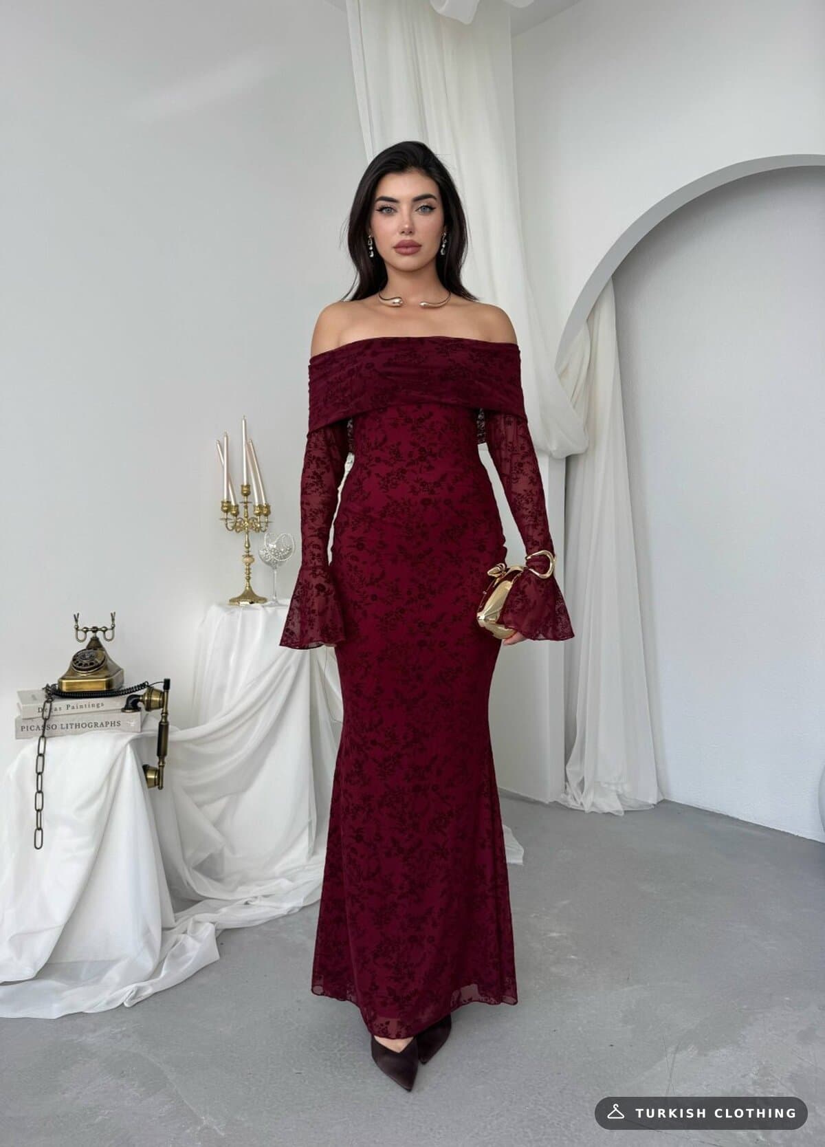 Juer Strapless Dress — Burgundy in Imported – styling detail, wholesale Women's Dresses from Türkiye
