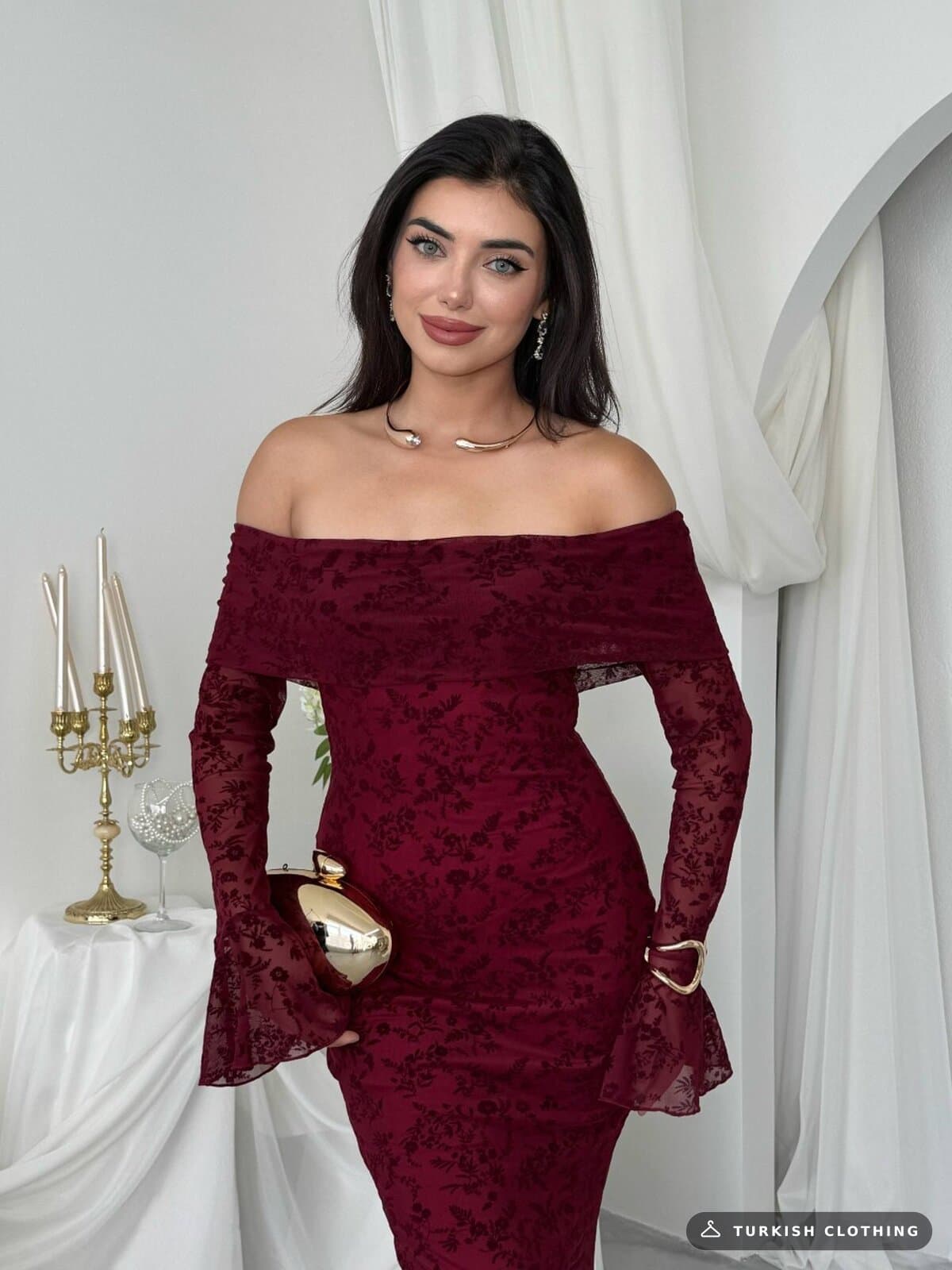 Juer Strapless Dress — Burgundy in Imported – back view, wholesale Women's Dresses from Türkiye
