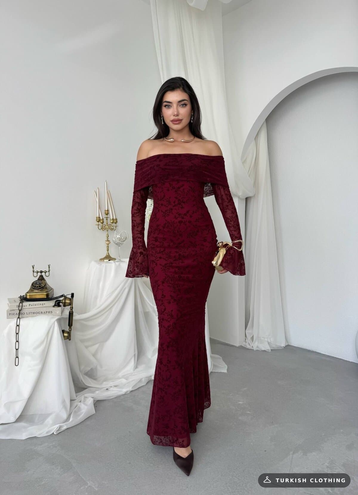Juer Strapless Dress — Burgundy in Imported – close-up detail, wholesale Women's Dresses from Türkiye